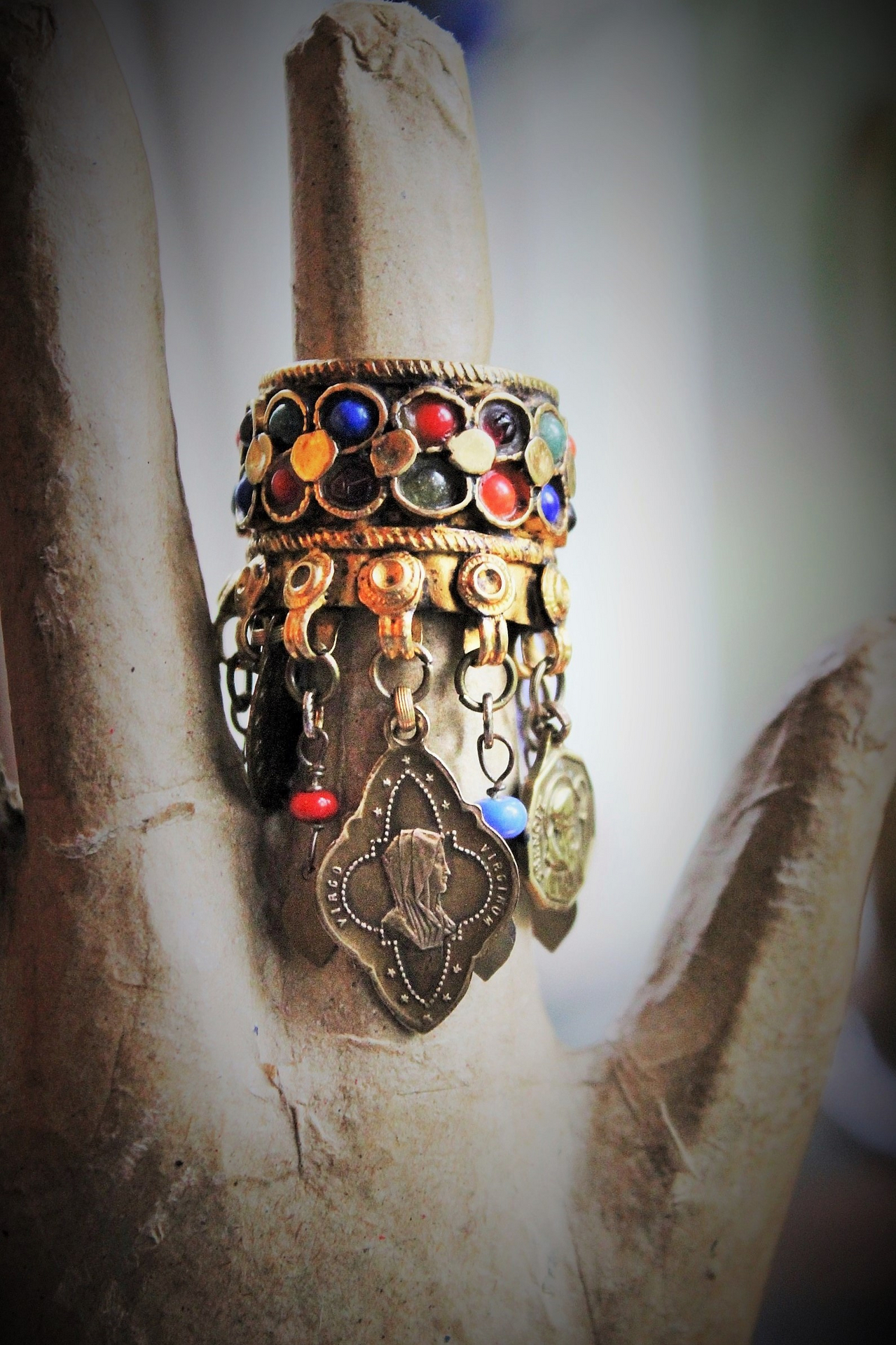 Amazing Antique Kuchi Gypsy Gold Ring w/Antique French Medals,Tiny Gypsy Bead and Heart Drops