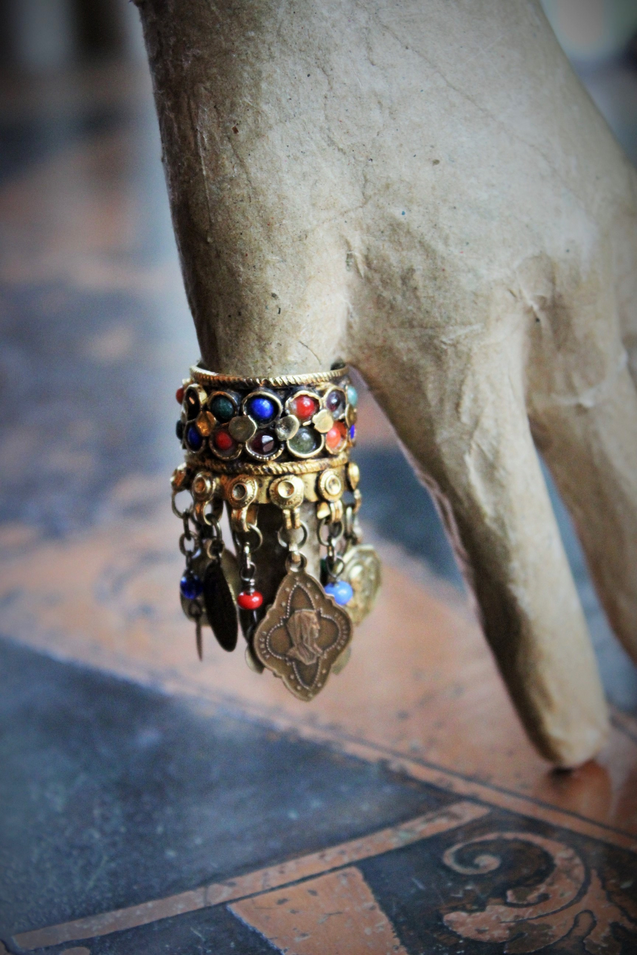 Amazing Antique Kuchi Gypsy Gold Ring w/Antique French Medals,Tiny Gypsy Bead and Heart Drops