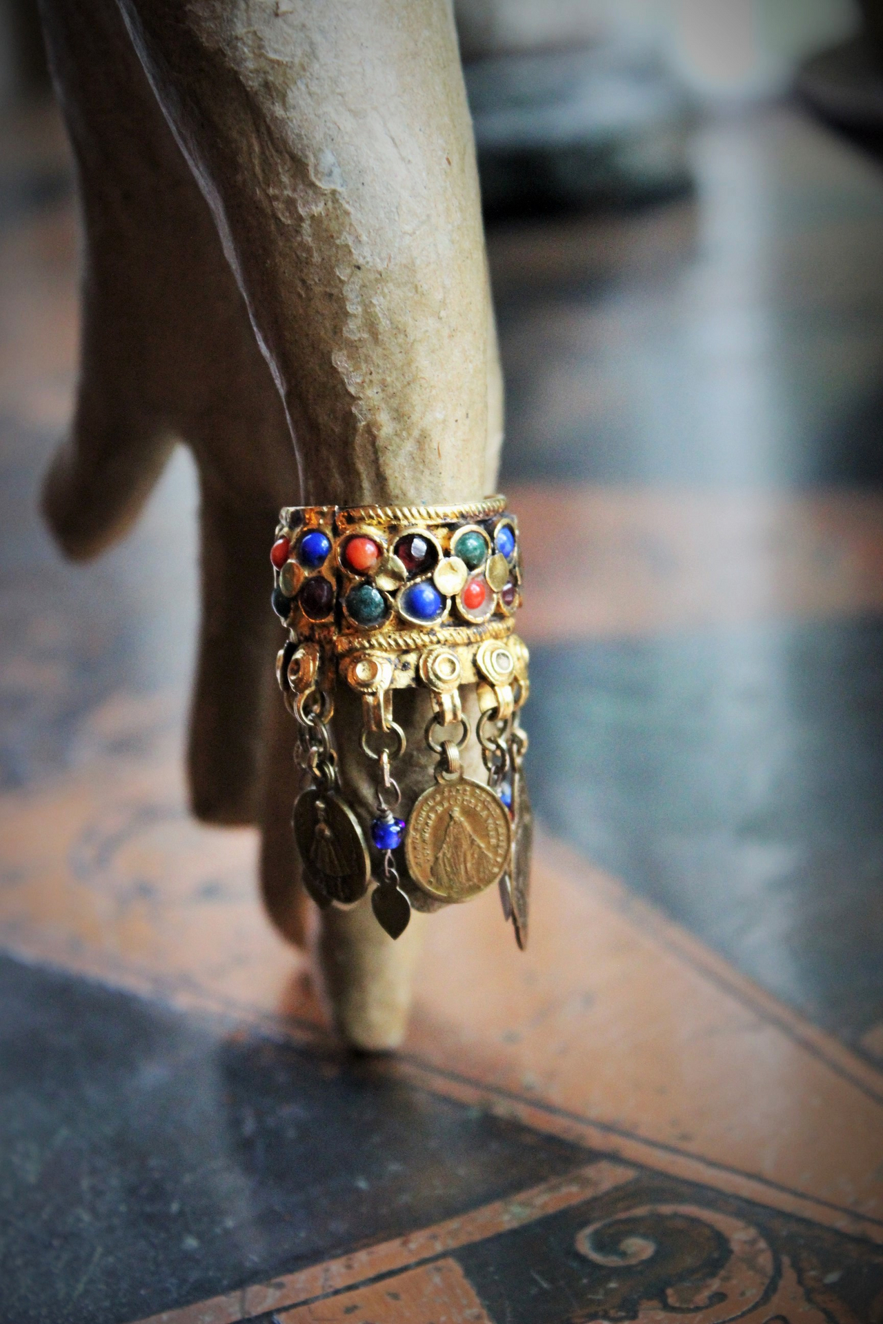 Amazing Antique Kuchi Gypsy Gold Ring w/Antique French Medals,Tiny Gypsy Bead and Heart Drops