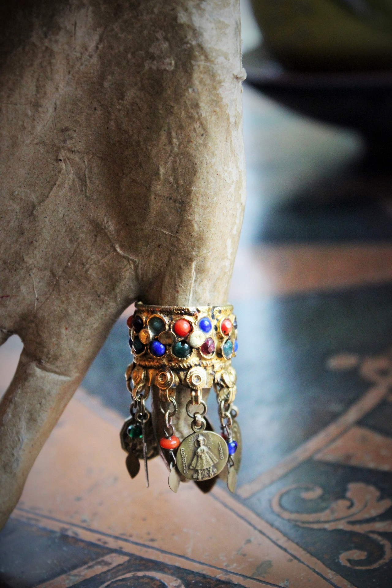 Amazing Antique Kuchi Gypsy Gold Ring w/Antique French Medals,Tiny Gypsy Bead and Heart Drops