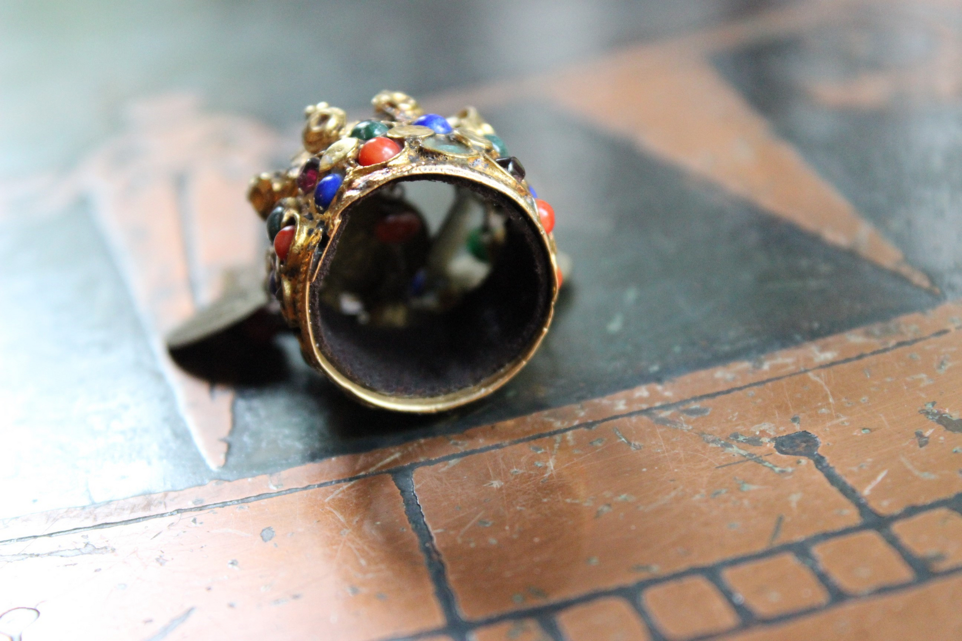 Amazing Antique Kuchi Gypsy Gold Ring w/Antique French Medals,Tiny Gypsy Bead and Heart Drops