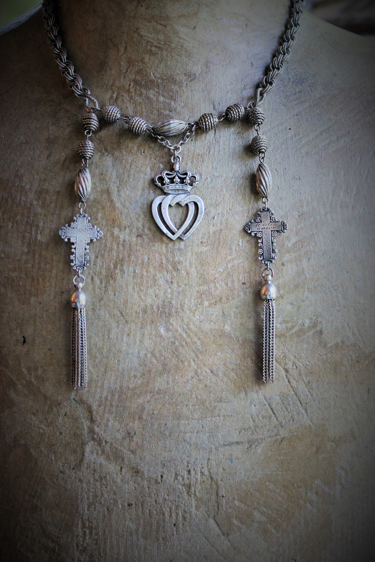 Fill my Heart with Your Love Necklace w/Antique Engraved French Crosses,Antique French Double Crowned Heart Medal, Antique Foxtail Chain Tassels