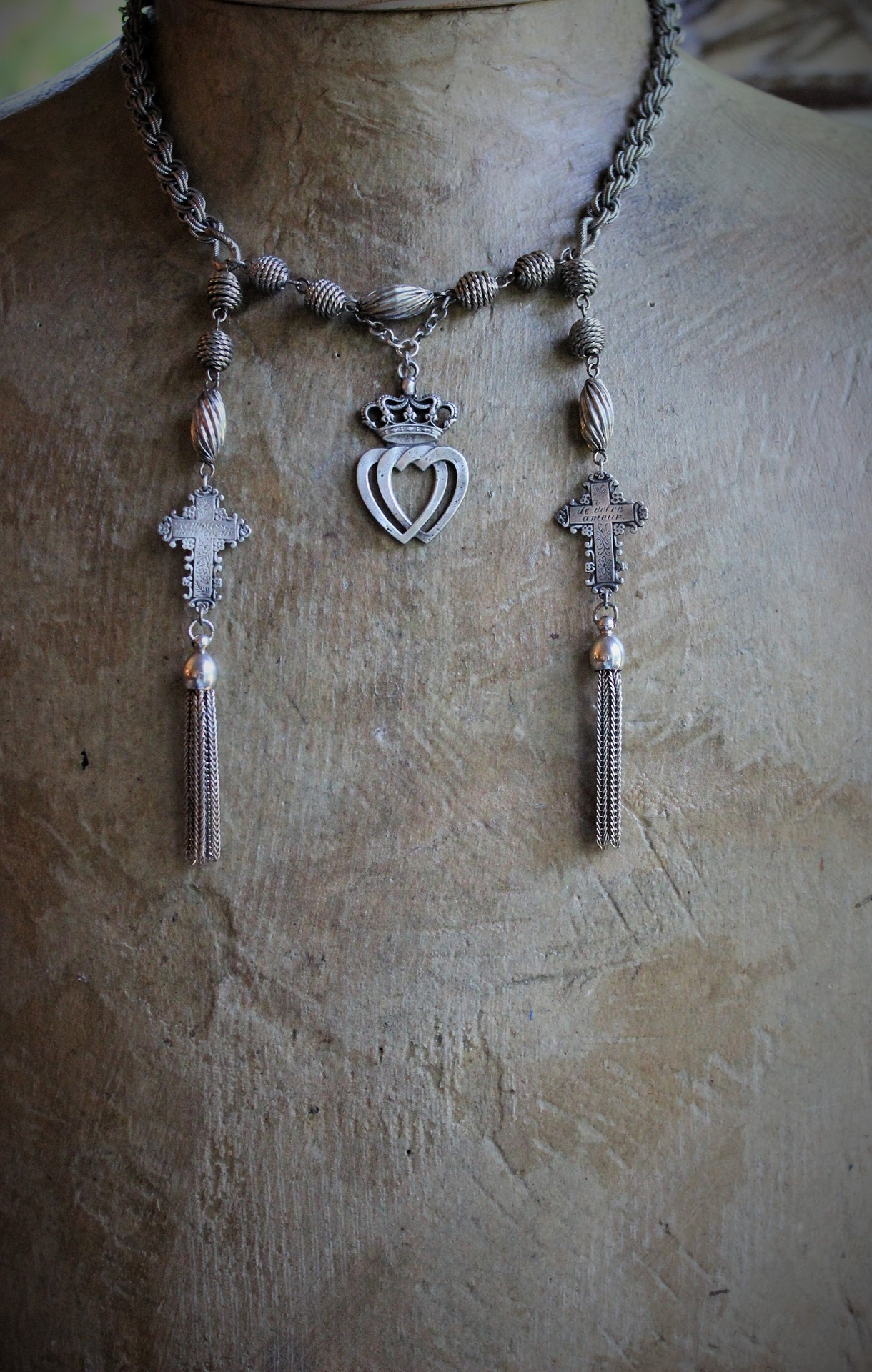 Fill my Heart with Your Love Necklace w/Antique Engraved French Crosses,Antique French Double Crowned Heart Medal, Antique Foxtail Chain Tassels
