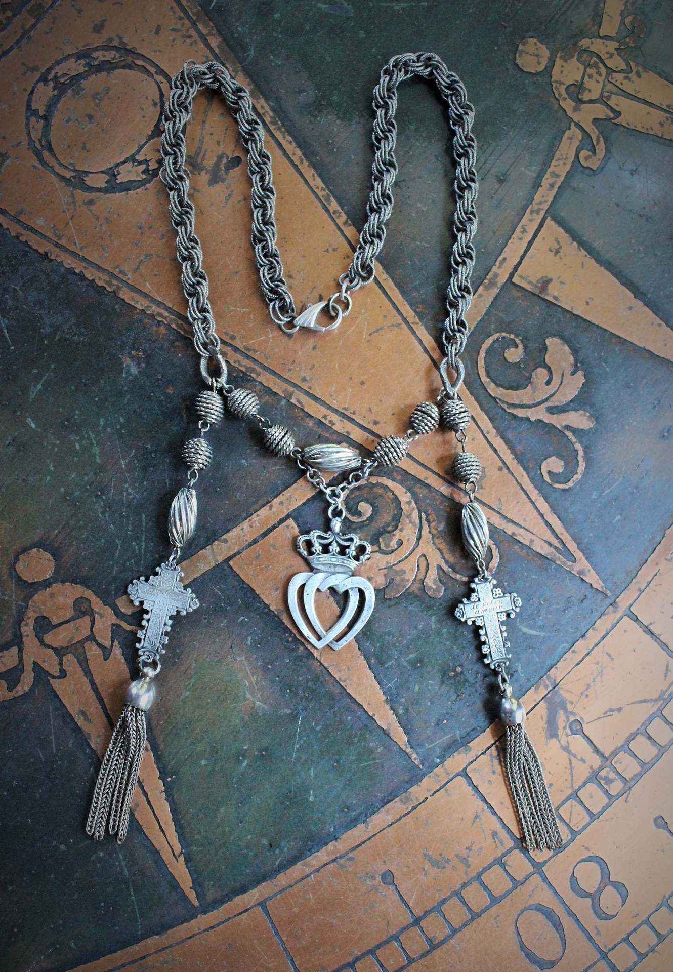 Fill my Heart with Your Love Necklace w/Antique Engraved French Crosses,Antique French Double Crowned Heart Medal, Antique Foxtail Chain Tassels