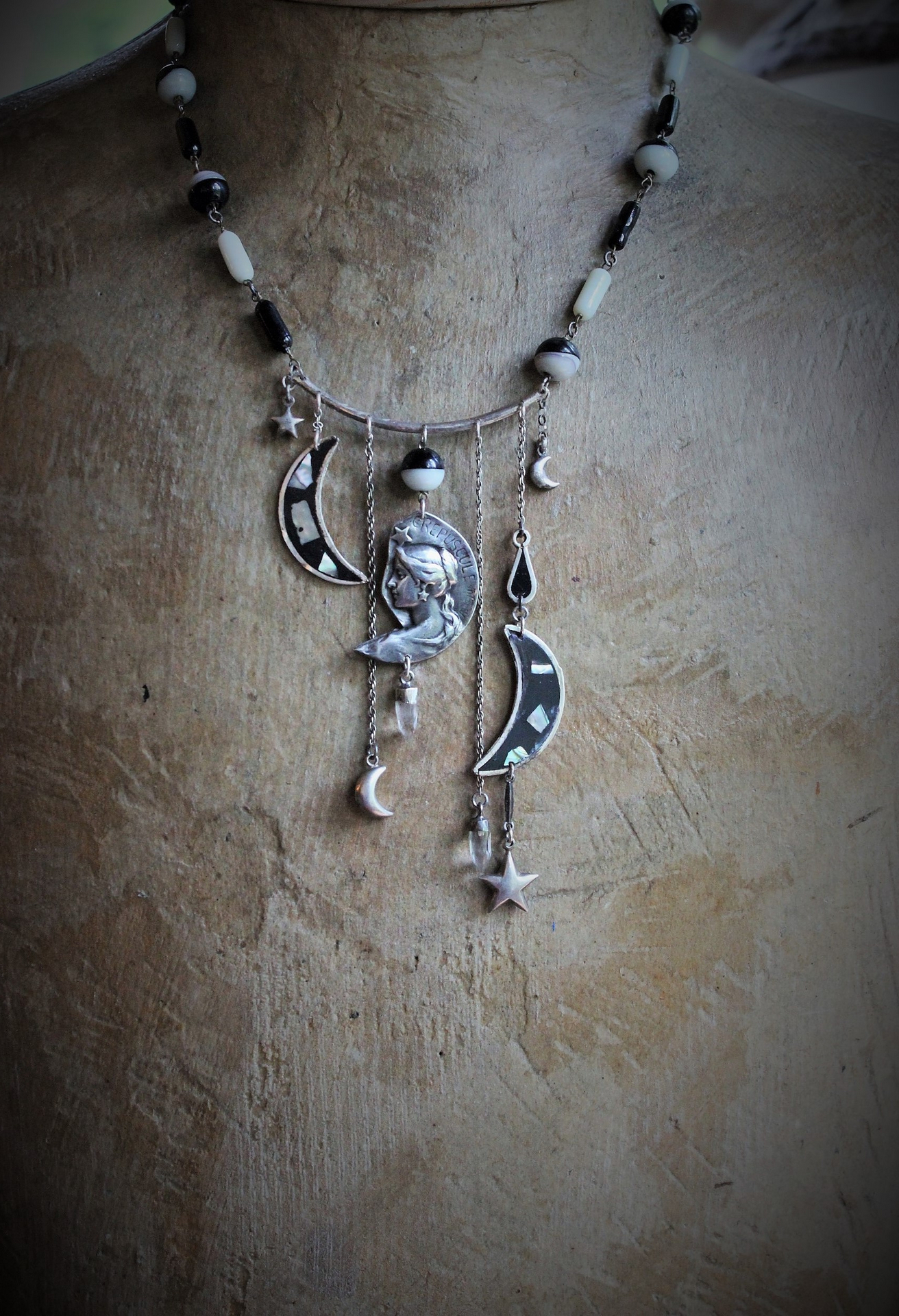  NEW! As Fine as Soul Necklace w/Antique Inlaid Crescent Moons, Antique Sterling Moons & Stars,Rare French "Crepuscule" (Twilight) Moon Medal,Antique Mardi Gras Beads