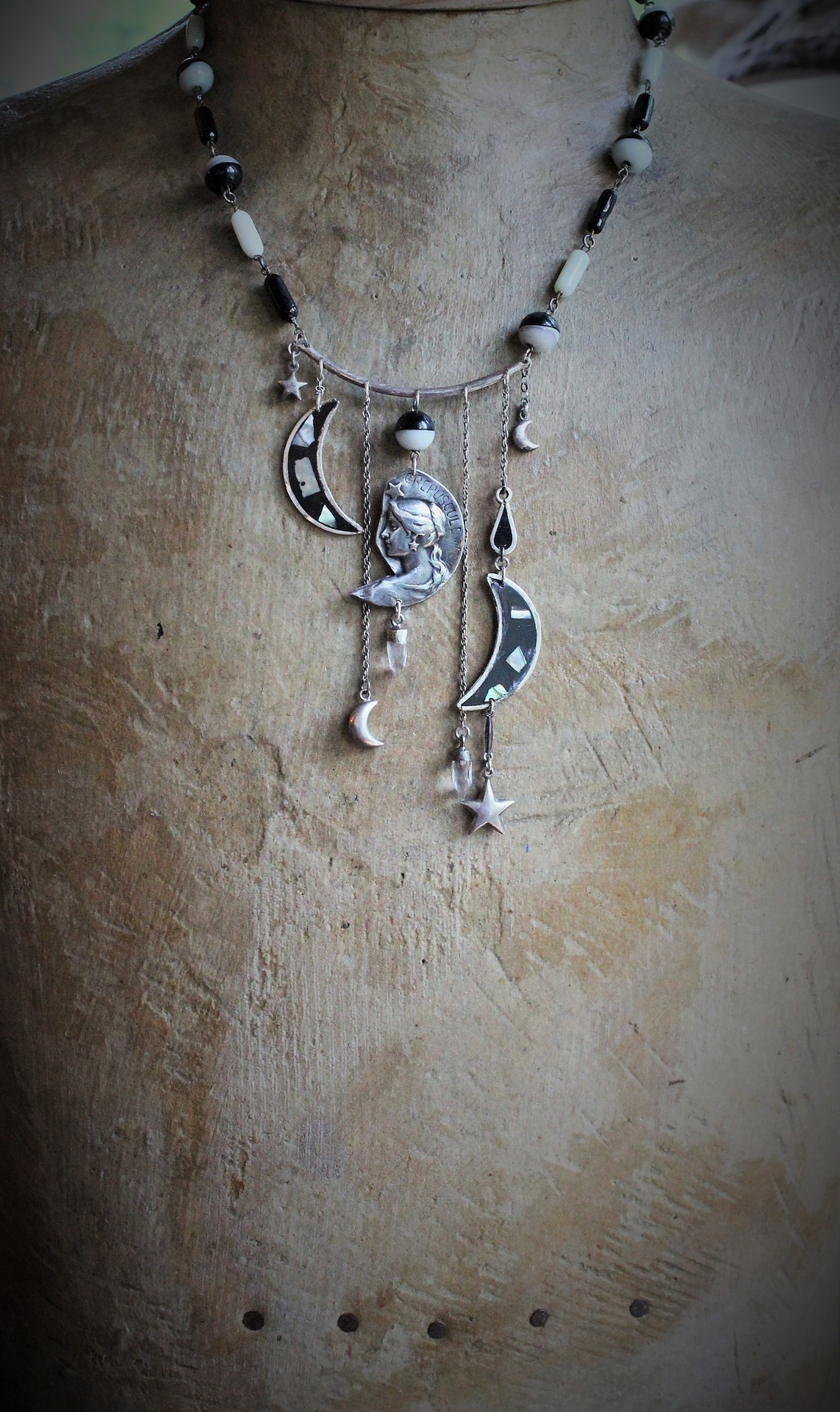  NEW! As Fine as Soul Necklace w/Antique Inlaid Crescent Moons, Antique Sterling Moons & Stars,Rare French "Crepuscule" (Twilight) Moon Medal,Antique Mardi Gras Beads