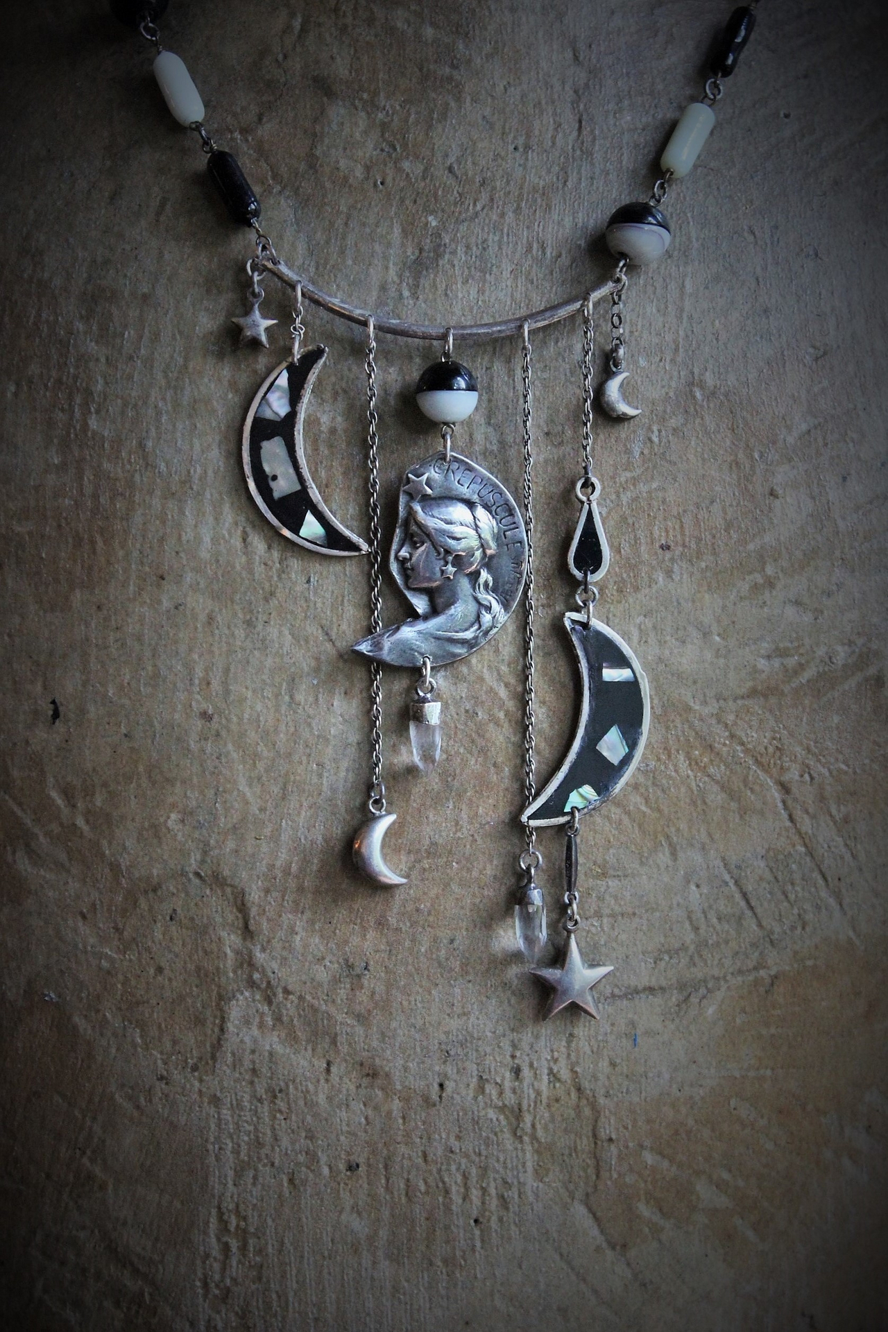  NEW! As Fine as Soul Necklace w/Antique Inlaid Crescent Moons, Antique Sterling Moons & Stars,Rare French "Crepuscule" (Twilight) Moon Medal,Antique Mardi Gras Beads