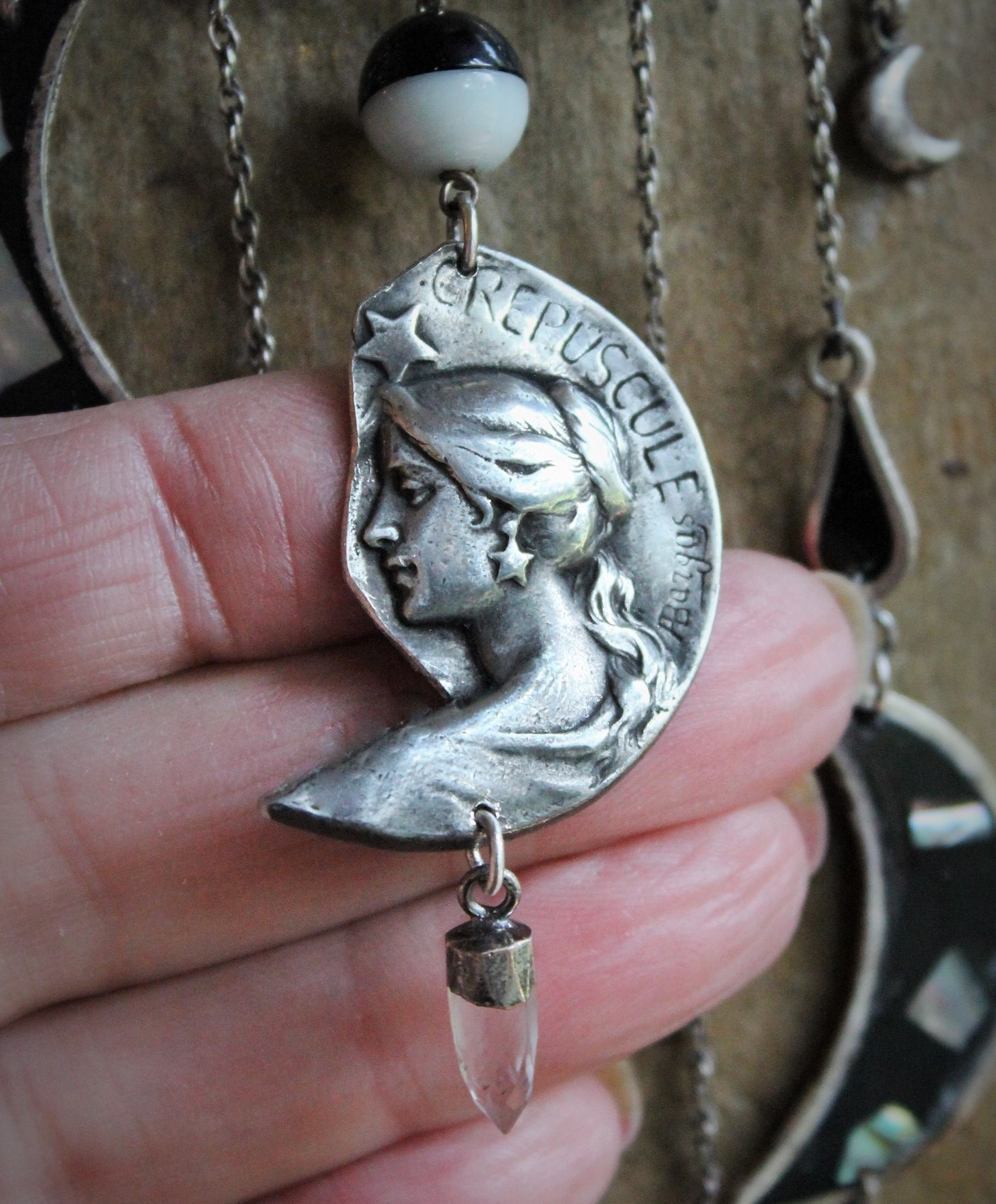  NEW! As Fine as Soul Necklace w/Antique Inlaid Crescent Moons, Antique Sterling Moons & Stars,Rare French "Crepuscule" (Twilight) Moon Medal,Antique Mardi Gras Beads