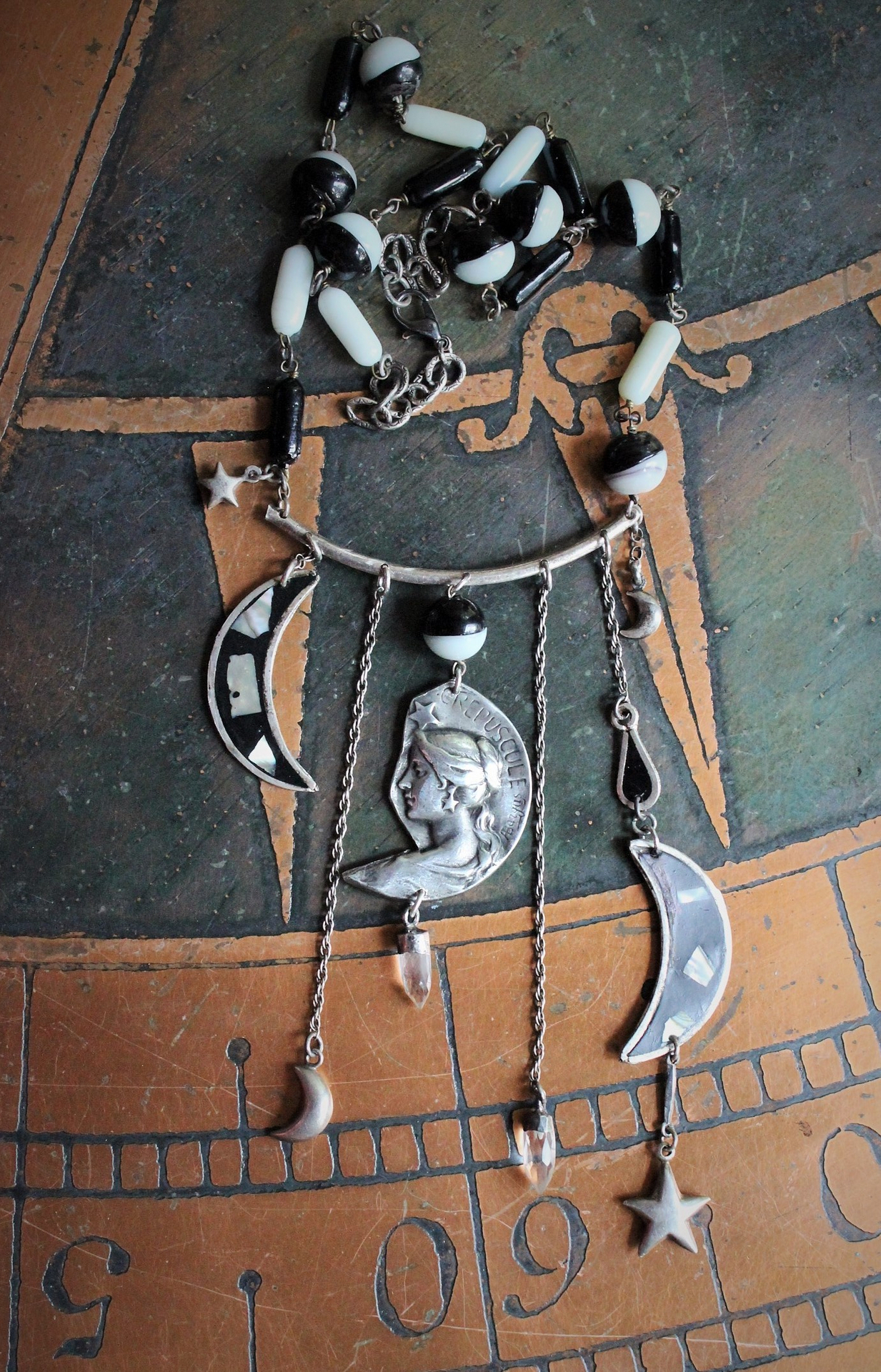  NEW! As Fine as Soul Necklace w/Antique Inlaid Crescent Moons, Antique Sterling Moons & Stars,Rare French "Crepuscule" (Twilight) Moon Medal,Antique Mardi Gras Beads