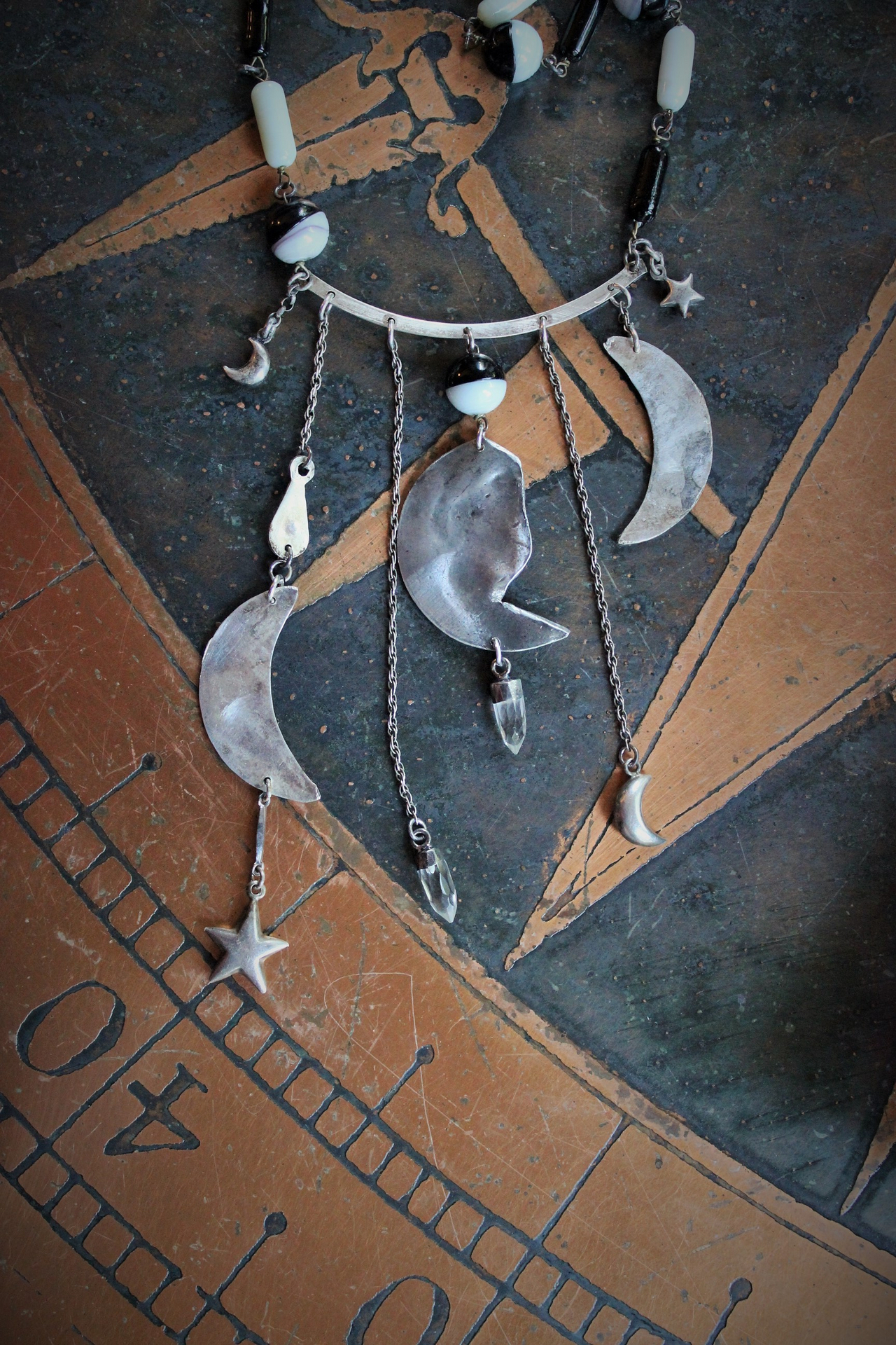 NEW! As Fine as Soul Necklace w/Antique Inlaid Crescent Moons, Antique Sterling Moons & Stars,Rare French "Crepuscule" (Twilight) Moon Medal,Antique Mardi Gras Beads