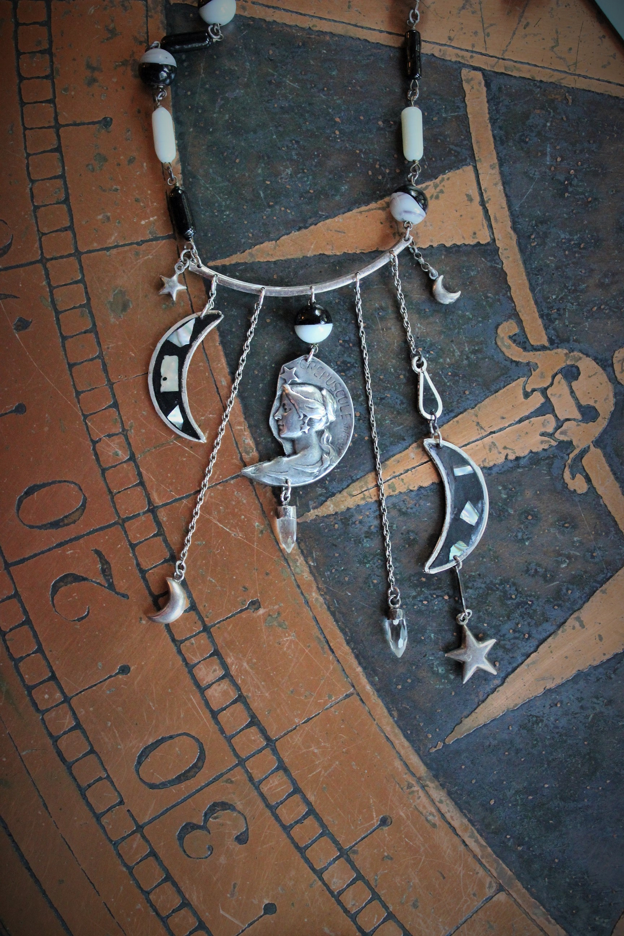  NEW! As Fine as Soul Necklace w/Antique Inlaid Crescent Moons, Antique Sterling Moons & Stars,Rare French "Crepuscule" (Twilight) Moon Medal,Antique Mardi Gras Beads