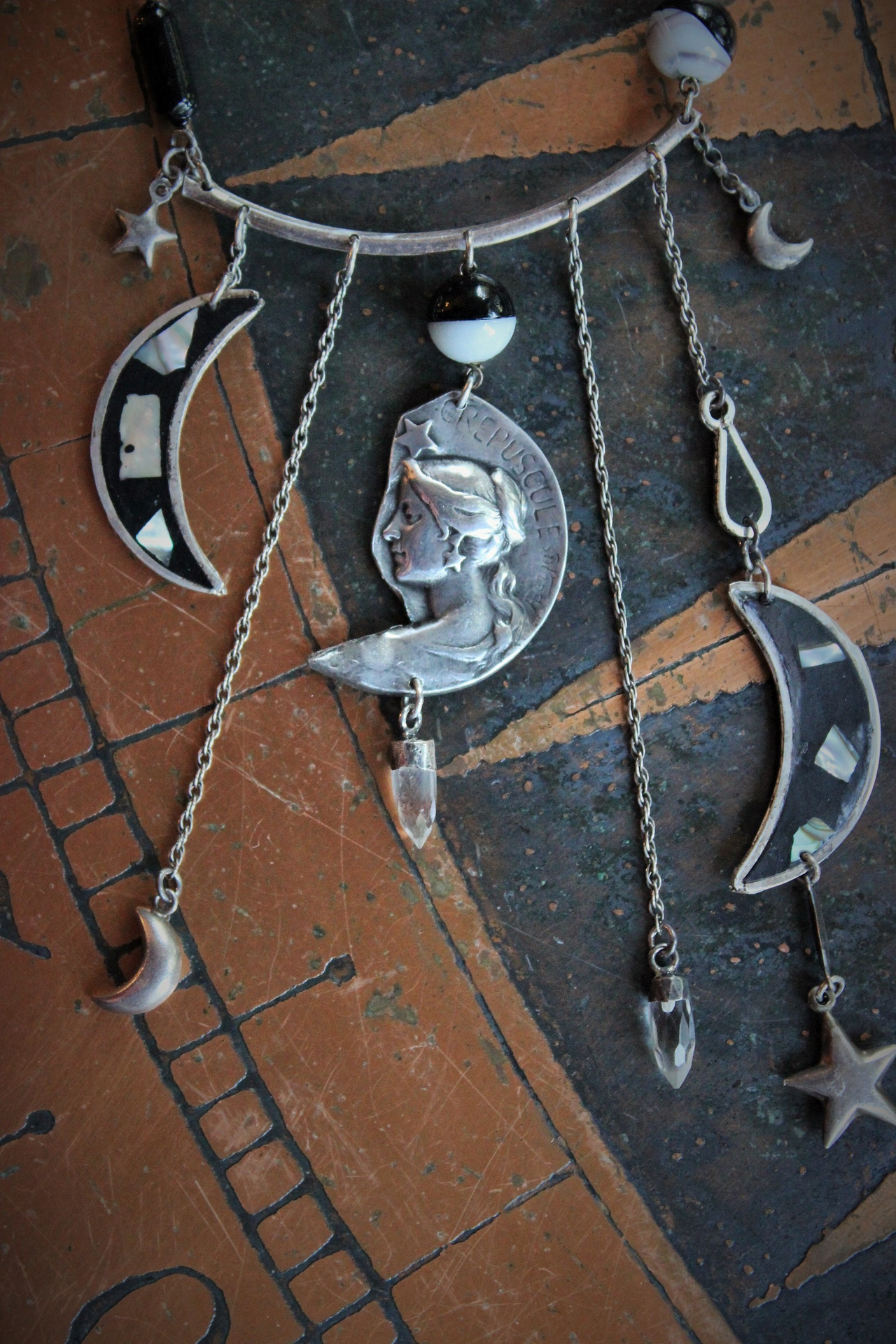  NEW! As Fine as Soul Necklace w/Antique Inlaid Crescent Moons, Antique Sterling Moons & Stars,Rare French "Crepuscule" (Twilight) Moon Medal,Antique Mardi Gras Beads