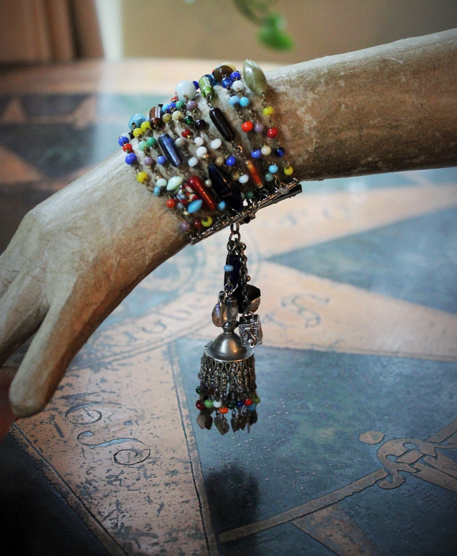 Raise You to the Heavens Bracelet w/12 Antique Mardi Gras Bead Strands,Antique Kuchi Gypsy Tassel,Antique Marian Medal,Antique Coptic Cross and Much More!