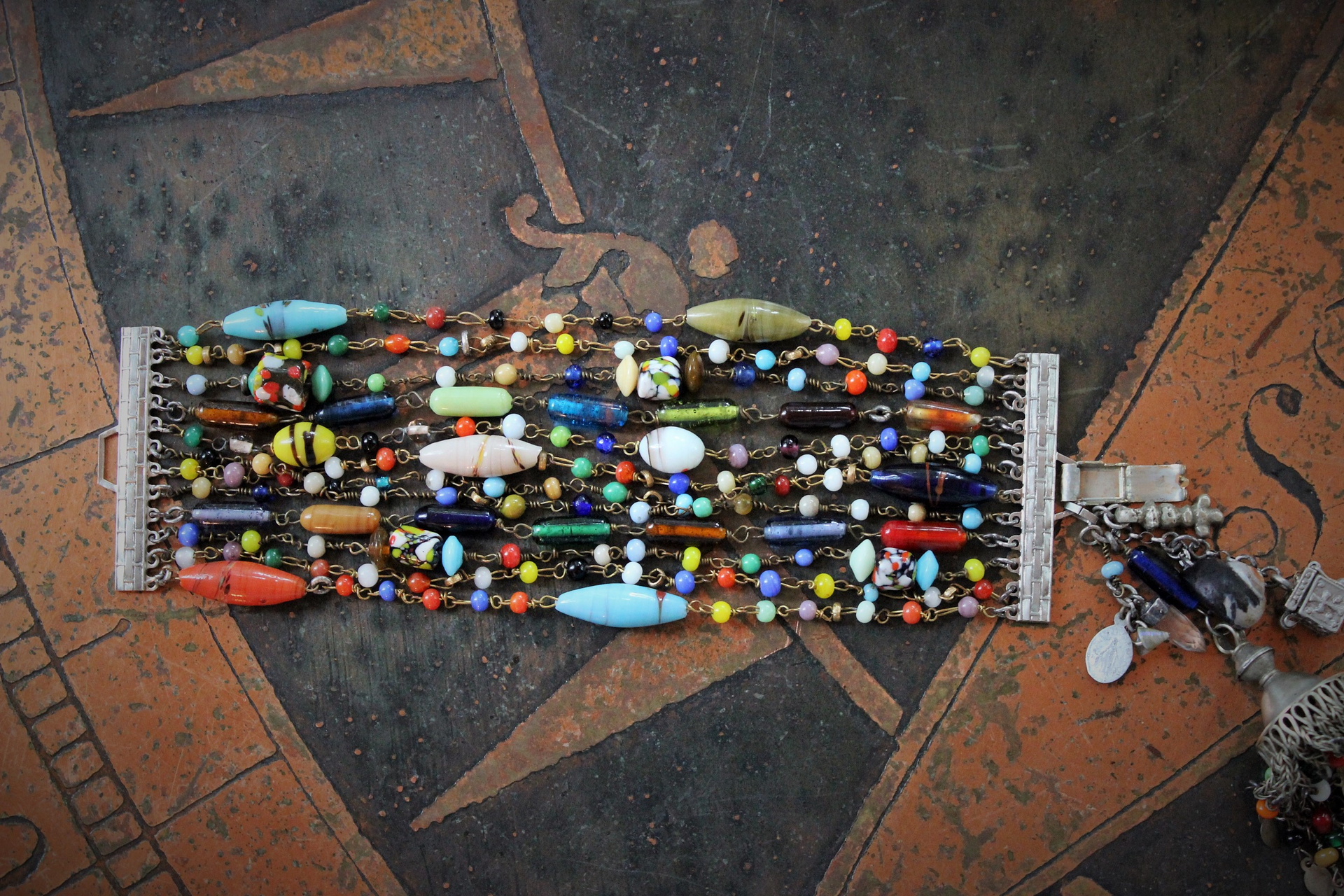 Raise You to the Heavens Bracelet w/12 Antique Mardi Gras Bead Strands,Antique Kuchi Gypsy Tassel,Antique Marian Medal,Antique Coptic Cross and Much More!