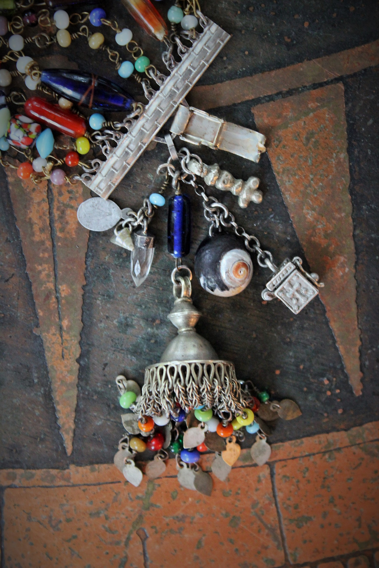 Raise You to the Heavens Bracelet w/12 Antique Mardi Gras Bead Strands,Antique Kuchi Gypsy Tassel,Antique Marian Medal,Antique Coptic Cross and Much More!