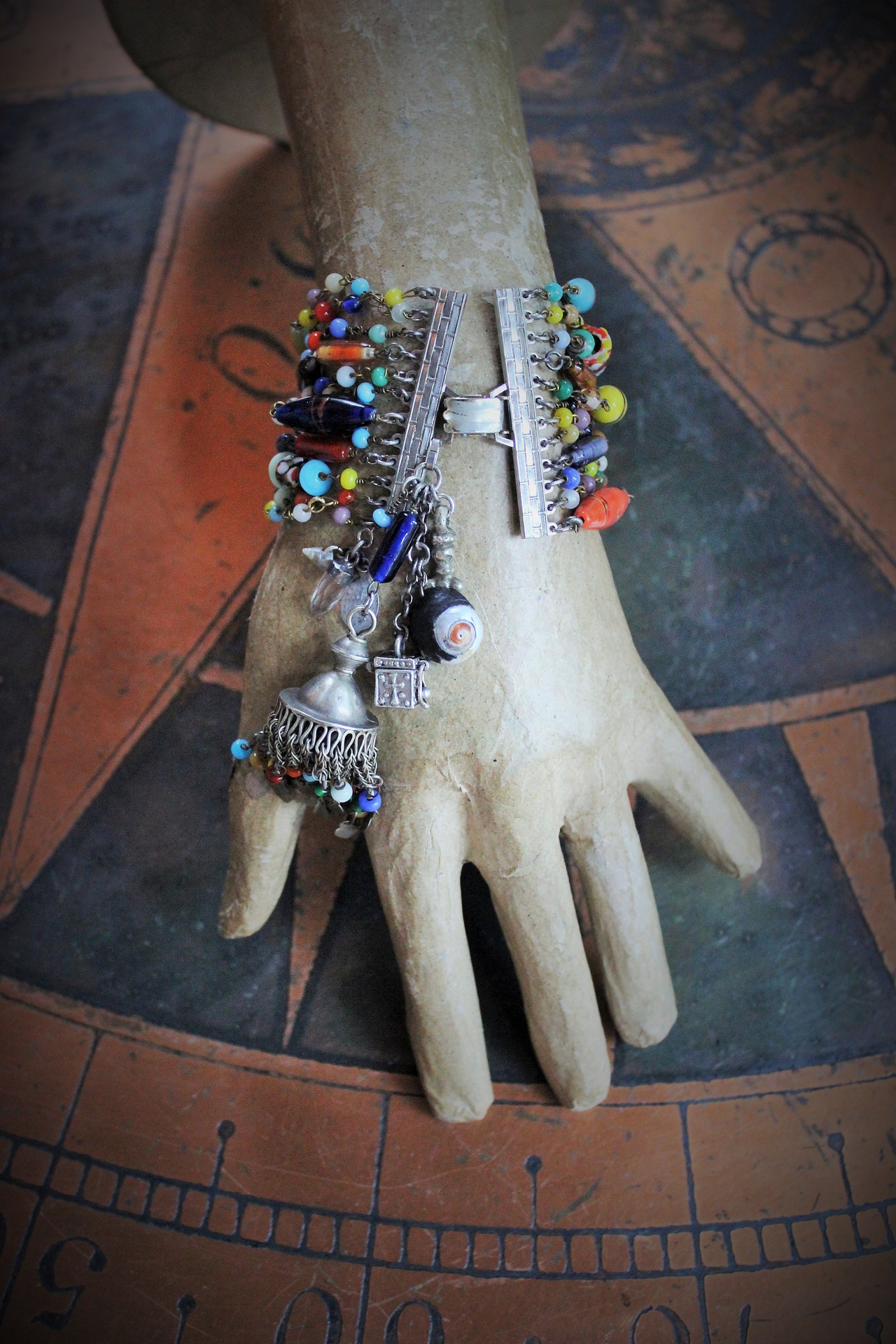 Raise You to the Heavens Bracelet w/12 Antique Mardi Gras Bead Strands,Antique Kuchi Gypsy Tassel,Antique Marian Medal,Antique Coptic Cross and Much More!