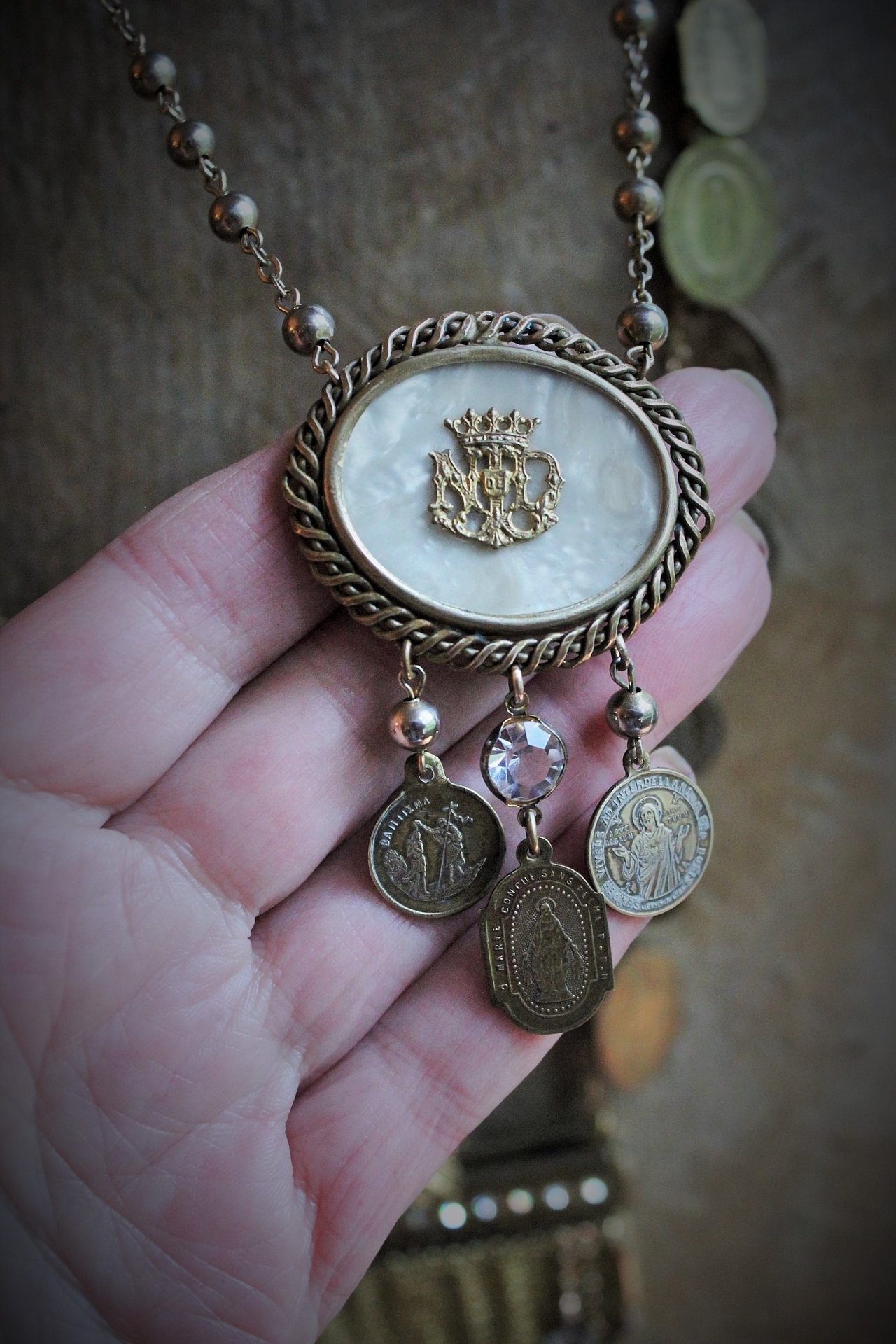 Antique French Medal Charm Necklace Set w/Antique Mesh Purse,Antique Scapular & Pocket Shrine,Antique Notre Dame Finding,Hallmarked Gold Cross & Antique Crystal Drops