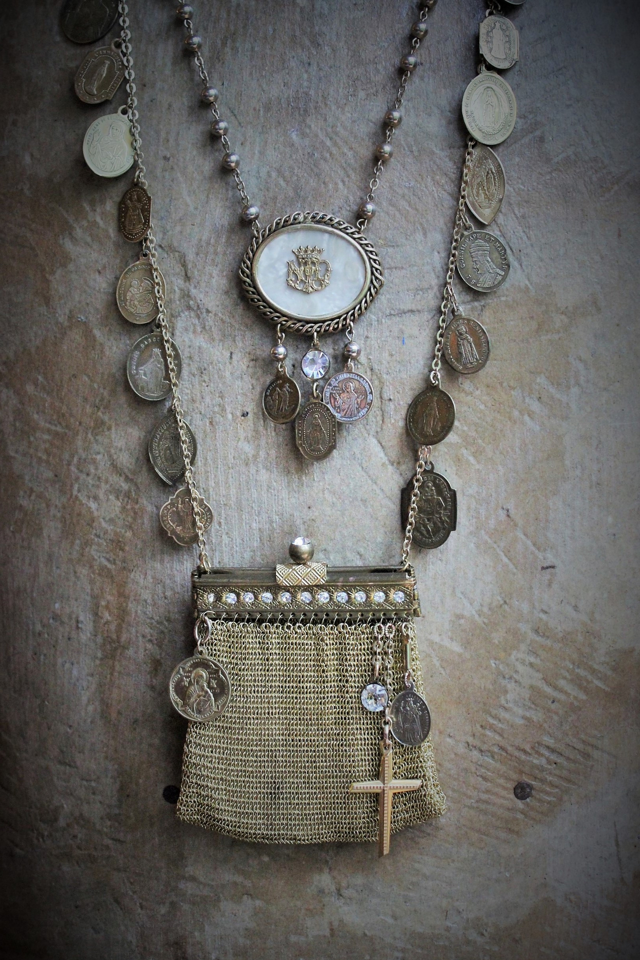 Antique French Medal Charm Necklace Set w/Antique Mesh Purse,Antique Scapular & Pocket Shrine,Antique Notre Dame Finding,Hallmarked Gold Cross & Antique Crystal Drops