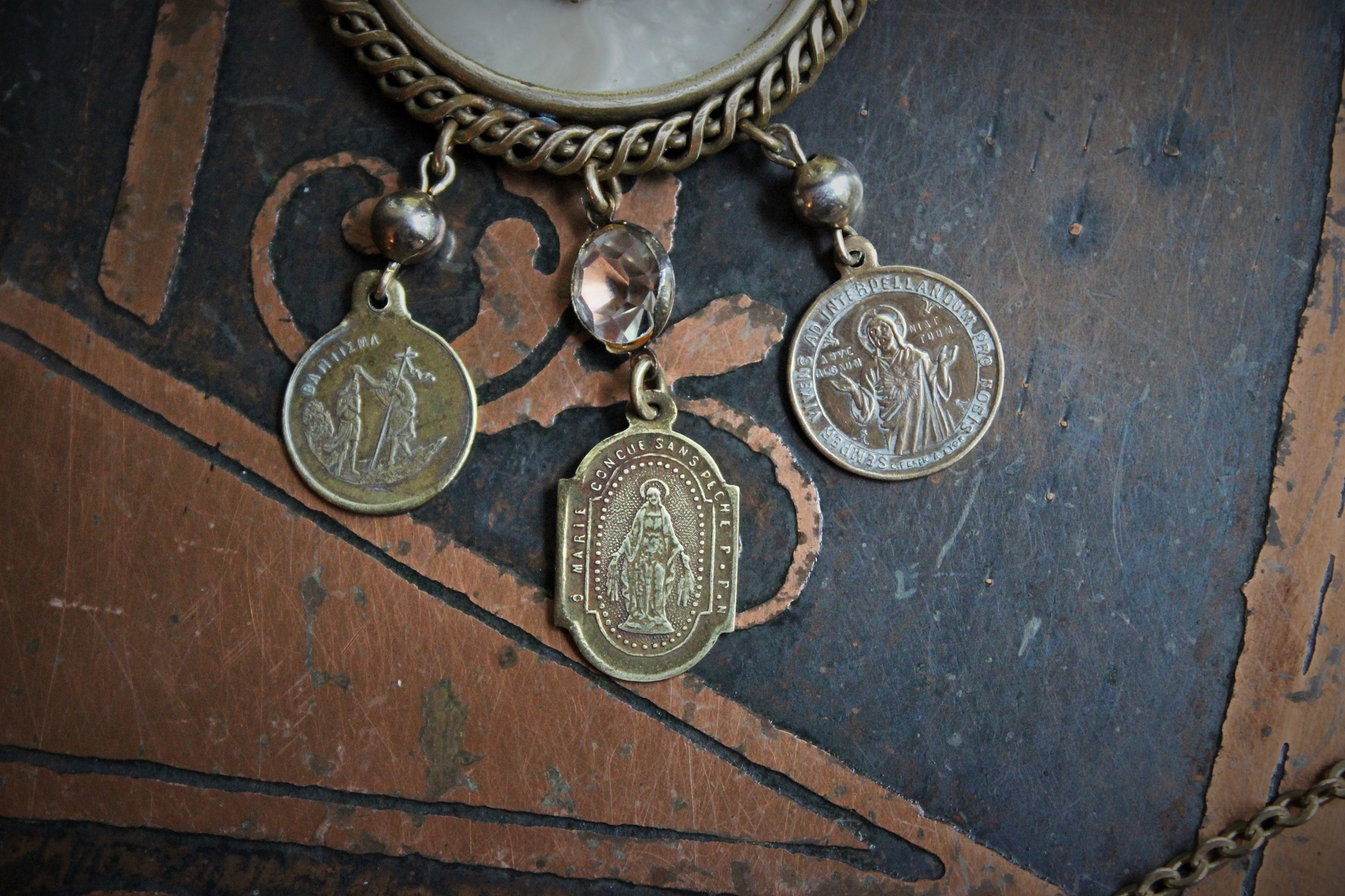 Antique French Medal Charm Necklace Set w/Antique Mesh Purse,Antique Scapular & Pocket Shrine,Antique Notre Dame Finding,Hallmarked Gold Cross & Antique Crystal Drops