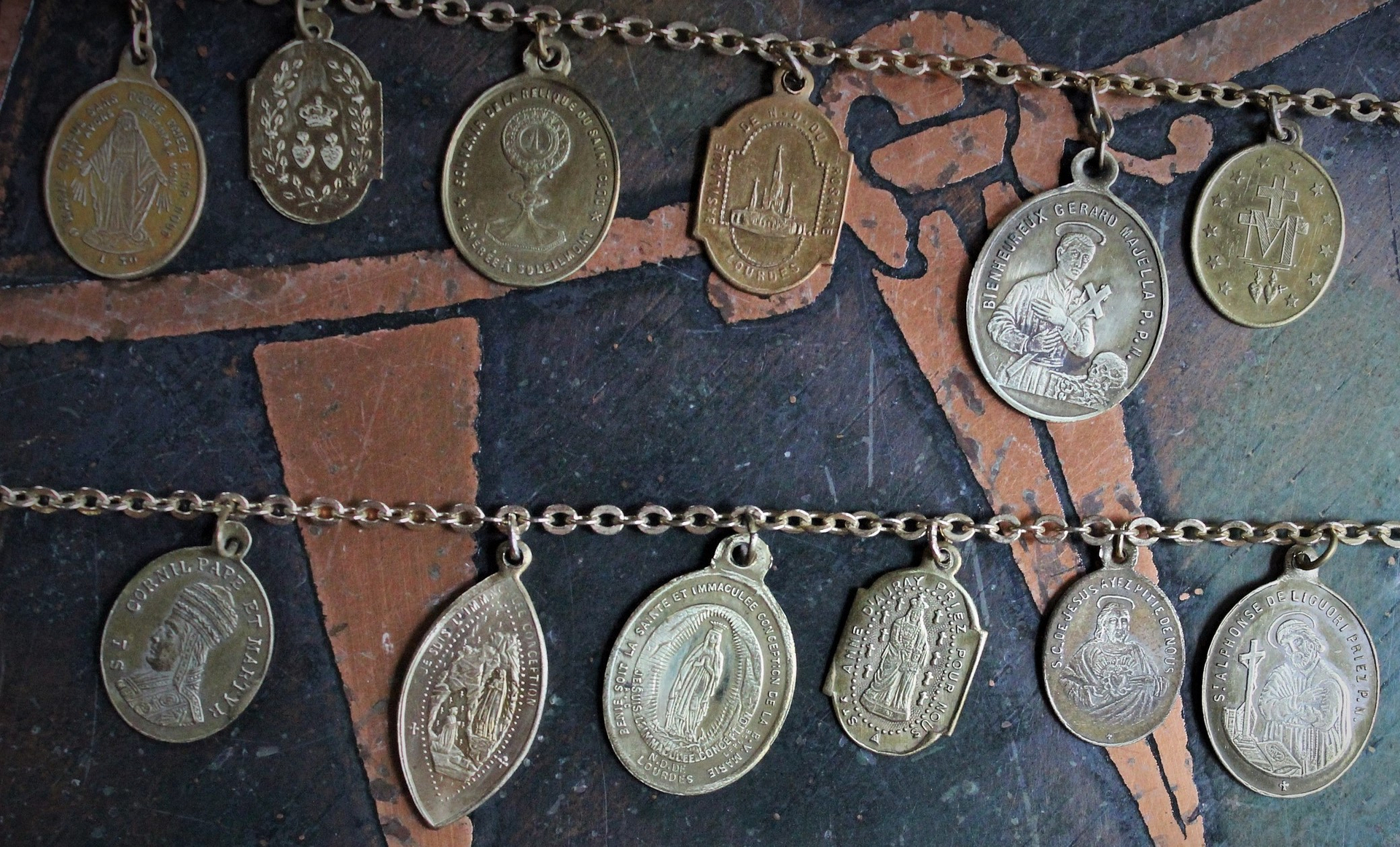 Antique French Medal Charm Necklace Set w/Antique Mesh Purse,Antique Scapular & Pocket Shrine,Antique Notre Dame Finding,Hallmarked Gold Cross & Antique Crystal Drops