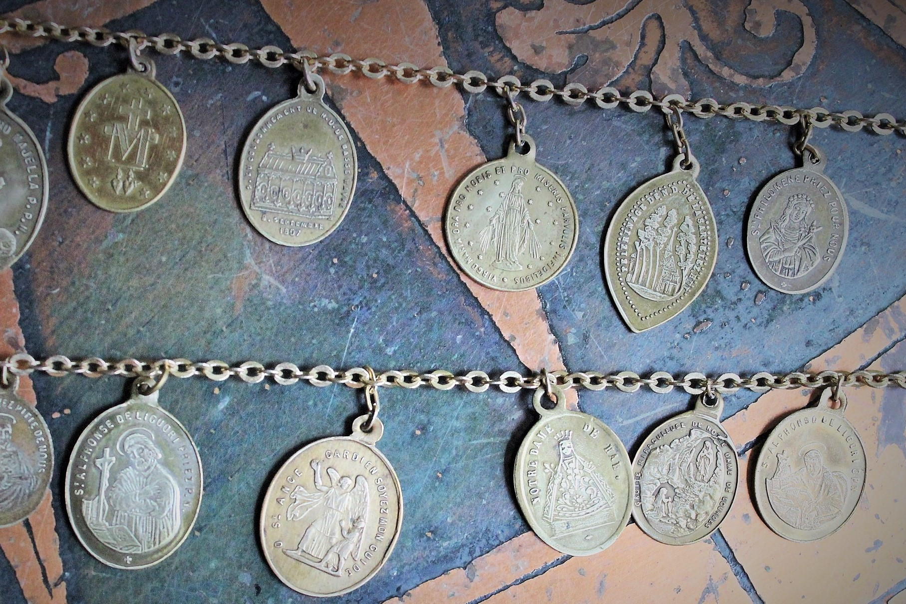 Antique French Medal Charm Necklace Set w/Antique Mesh Purse,Antique Scapular & Pocket Shrine,Antique Notre Dame Finding,Hallmarked Gold Cross & Antique Crystal Drops