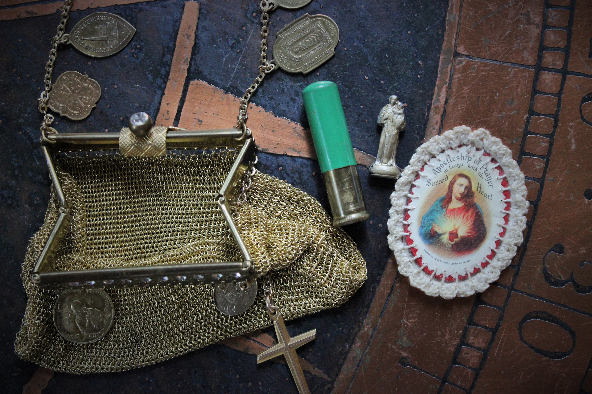 Antique French Medal Charm Necklace Set w/Antique Mesh Purse,Antique Scapular & Pocket Shrine,Antique Notre Dame Finding,Hallmarked Gold Cross & Antique Crystal Drops