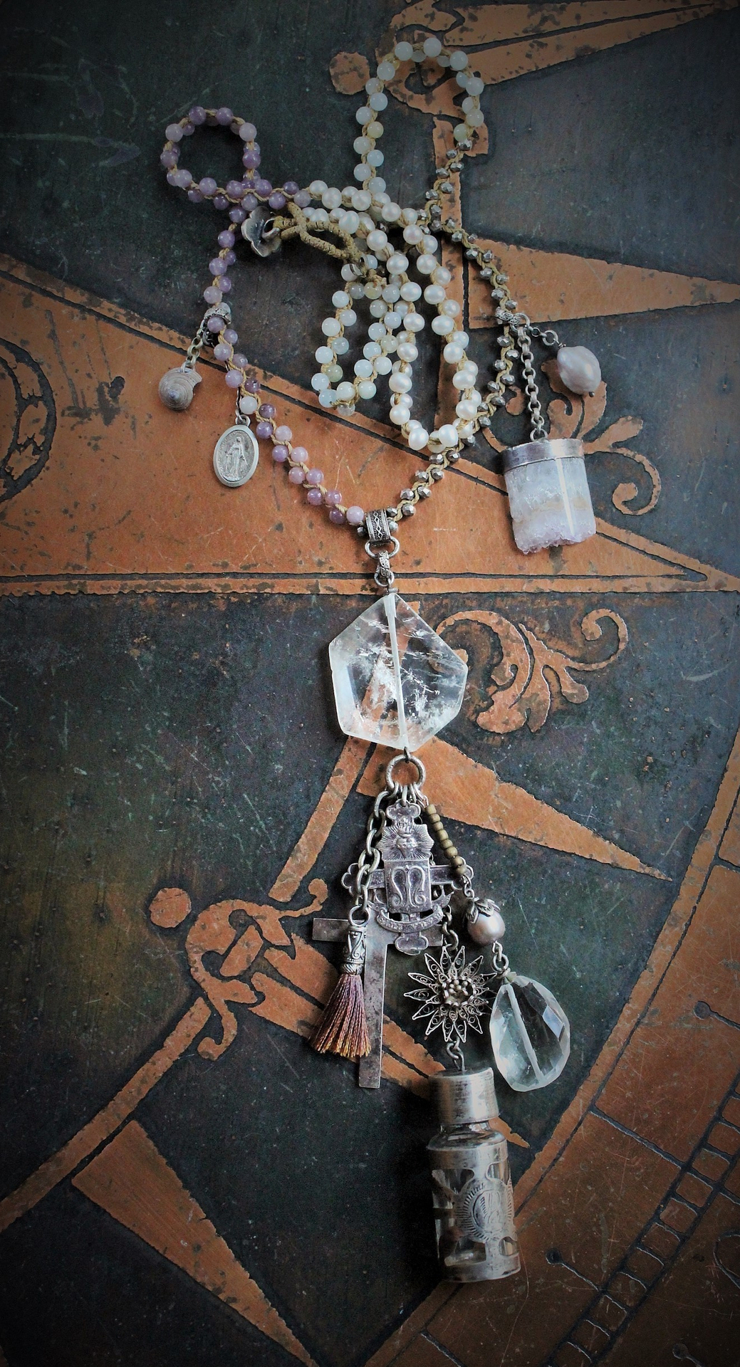 SOLD to C Payment 2  The Pearls in the Soul Amulet Necklace w/Antique Sterling and Glass Perfume/Oil Vessel,Rare Antique Sterling Flaming Heart Medal,Antique Sterling Cross and More!