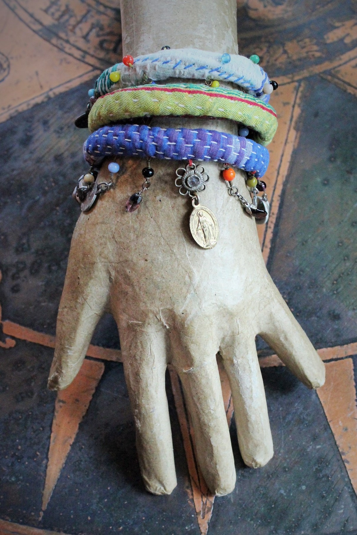Antique Kantha Handstitched Peasant Bracelet Set w/Antique French Medals,Antique Engraved Reverence Cross,Antique Kuchi Finding,Found Shells,Polished Gemstone Drops