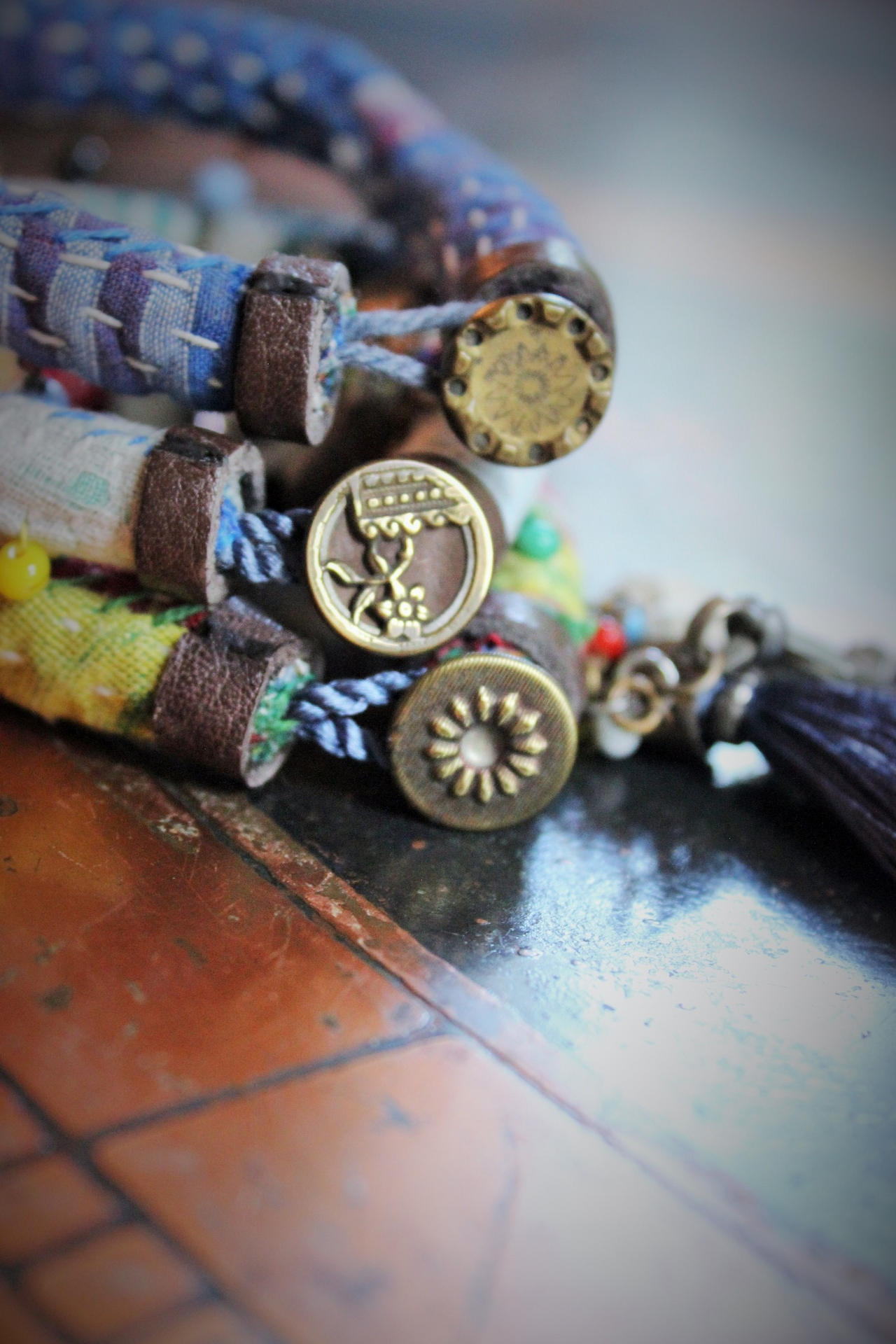 Antique Kantha Handstitched Peasant Bracelet Set w/Antique French Medals,Antique Engraved Reverence Cross,Antique Kuchi Finding,Found Shells,Polished Gemstone Drops