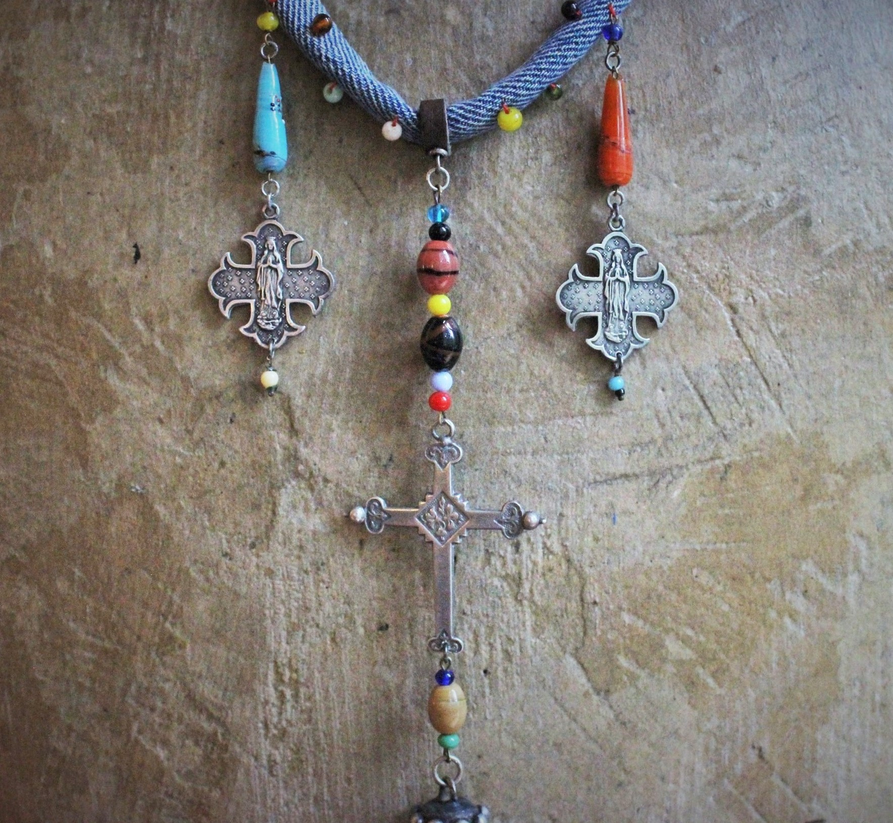 Hand Stitched Vintage Denim Necklace w/French Marian 4 Way Crosses, Antique Mardi Gras Beads, Artisan Leather Tassel, Sterling Clasp