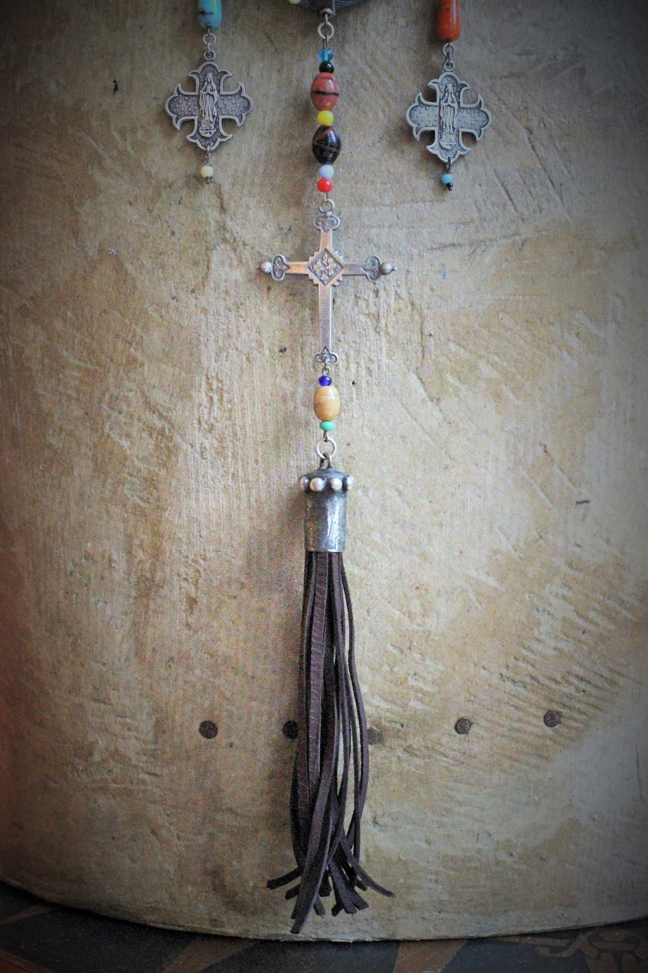 Hand Stitched Vintage Denim Necklace w/French Marian 4 Way Crosses, Antique Mardi Gras Beads, Artisan Leather Tassel, Sterling Clasp