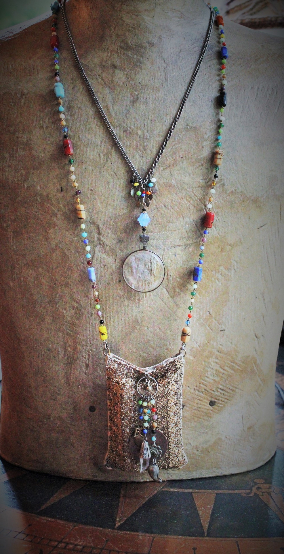 Clarity Necklace Set w/Vintage Travelling Rider Waite Tarot Deck,Antique Mardi Gras Beads,Antique Pouch,Antique Focusing Beveled Lens,Antique Paisley Drop,"Love Heals" Finding & More!