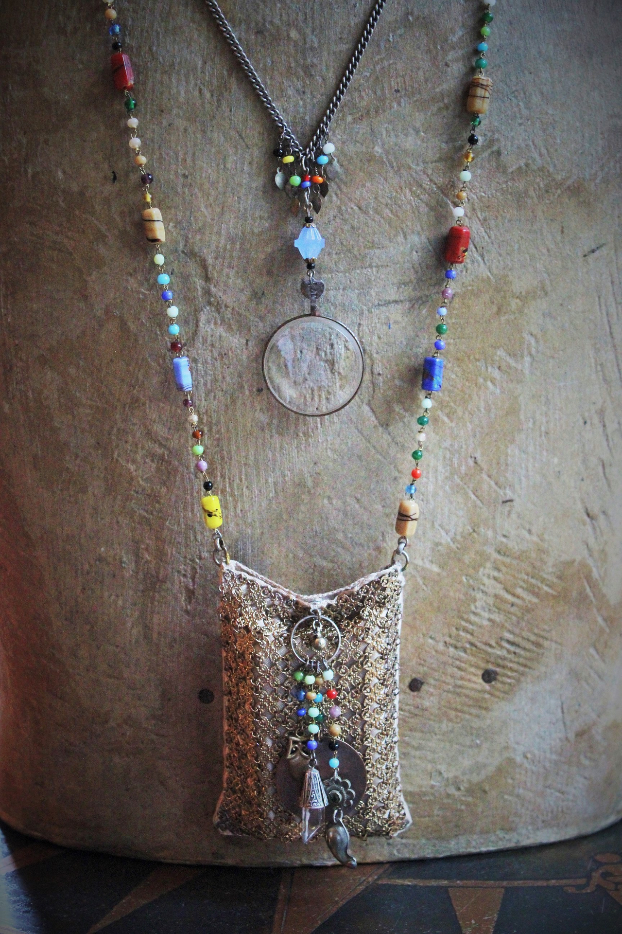 Clarity Necklace Set w/Vintage Travelling Rider Waite Tarot Deck,Antique Mardi Gras Beads,Antique Pouch,Antique Focusing Beveled Lens,Antique Paisley Drop,"Love Heals" Finding & More!