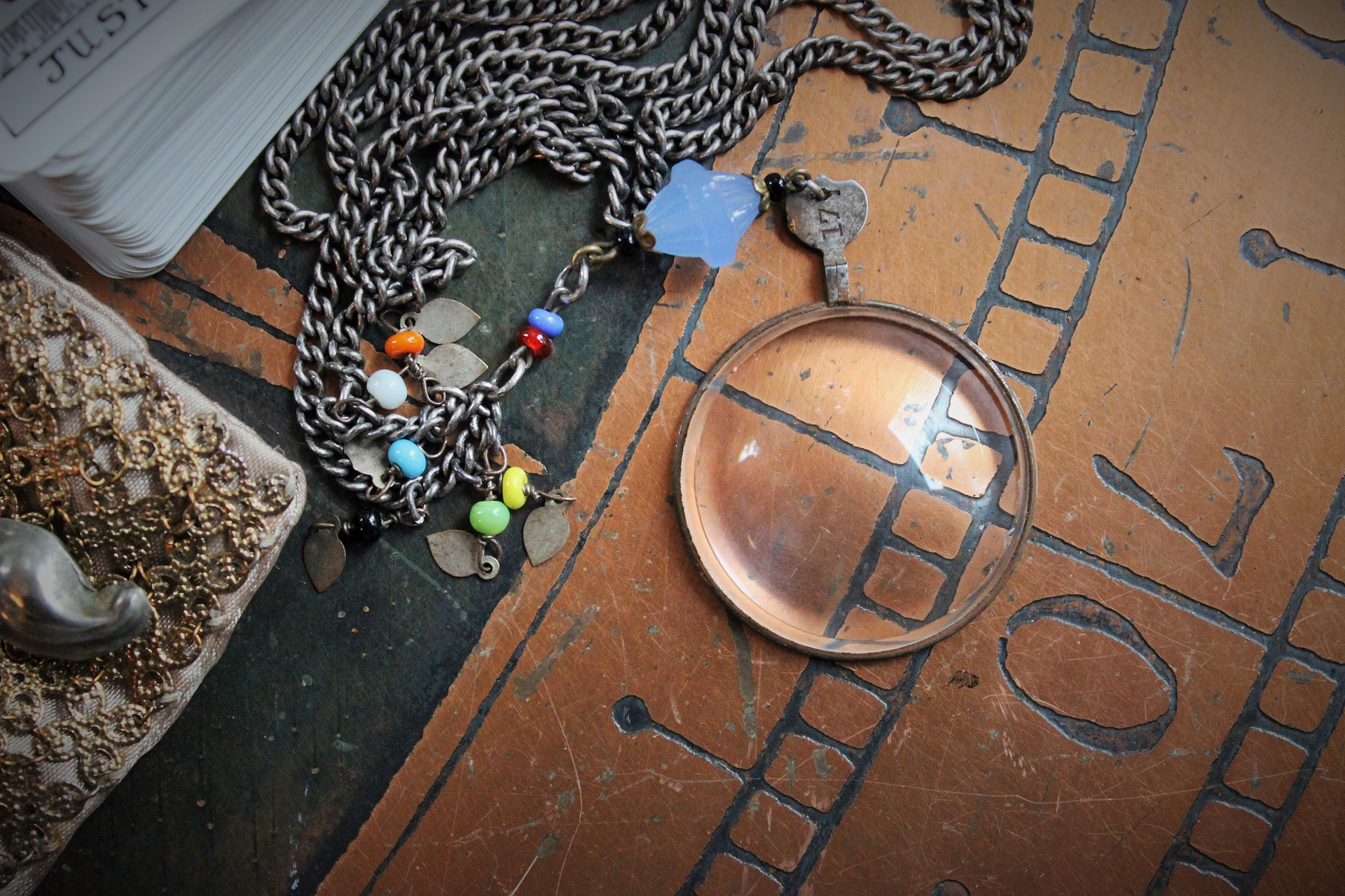 Clarity Necklace Set w/Vintage Travelling Rider Waite Tarot Deck,Antique Mardi Gras Beads,Antique Pouch,Antique Focusing Beveled Lens,Antique Paisley Drop,"Love Heals" Finding & More!