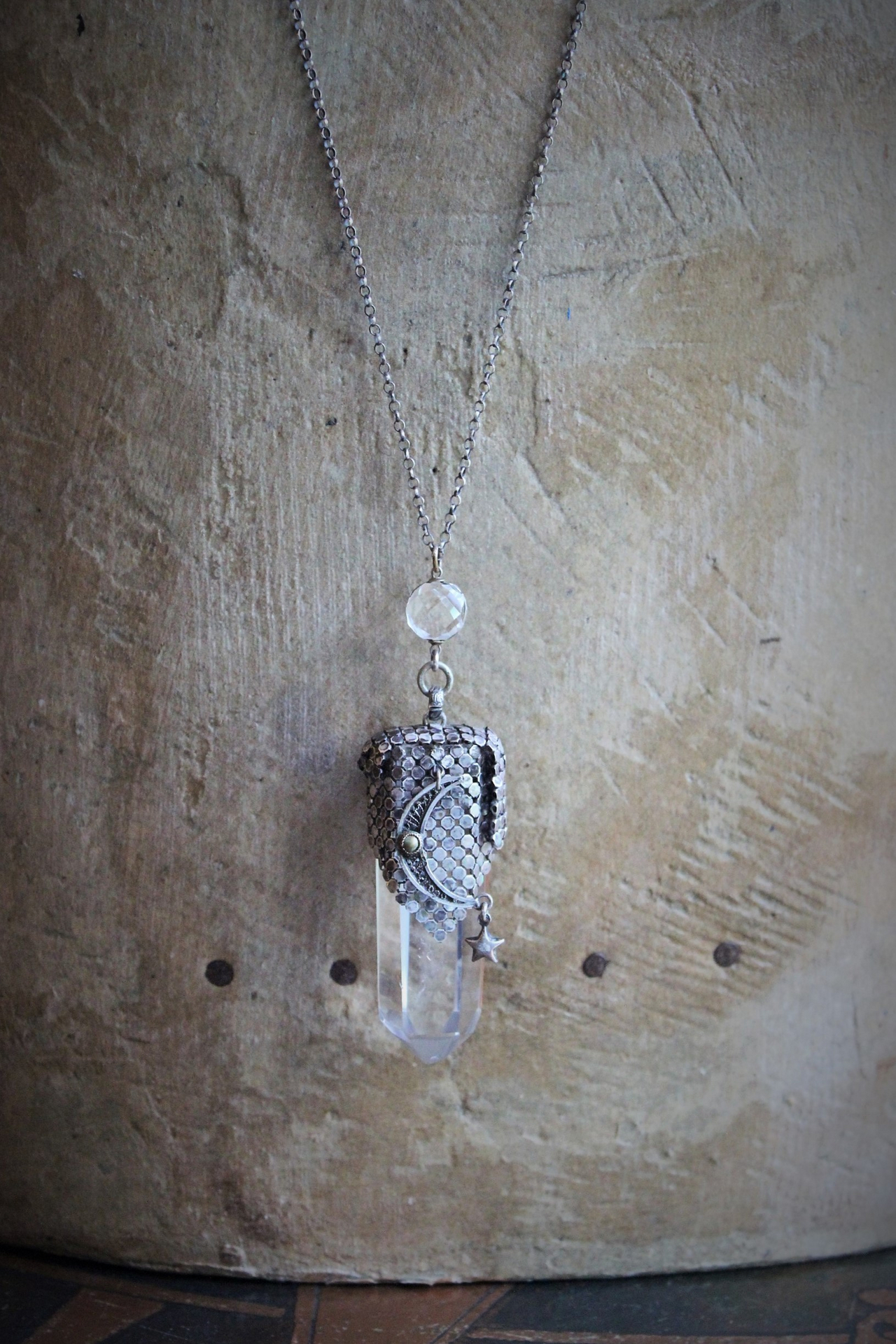 I am all Love Necklace Water Clear Quartz Crystal Point,Antique Sterling Mesh,Antique Sterling Crescent Moon, Rare Faceted Rock Crystal Connector & Antique Sterling Puffy Star