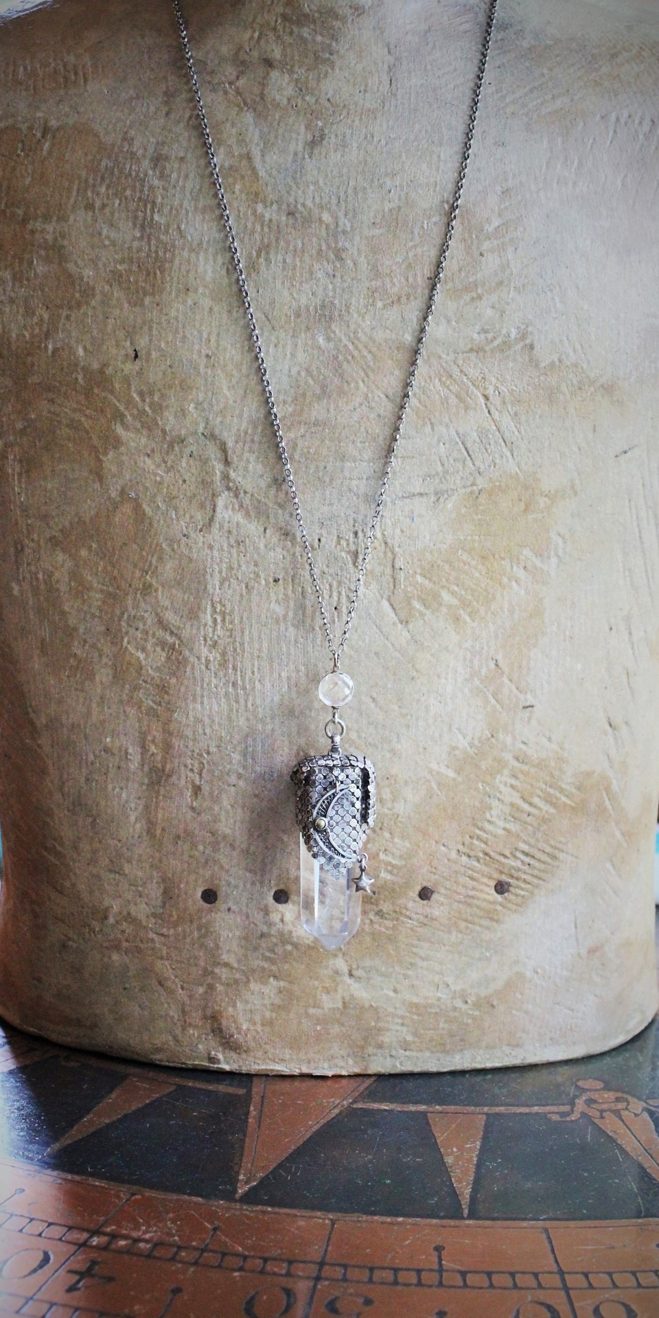 I am all Love Necklace Water Clear Quartz Crystal Point,Antique Sterling Mesh,Antique Sterling Crescent Moon, Rare Faceted Rock Crystal Connector & Antique Sterling Puffy Star