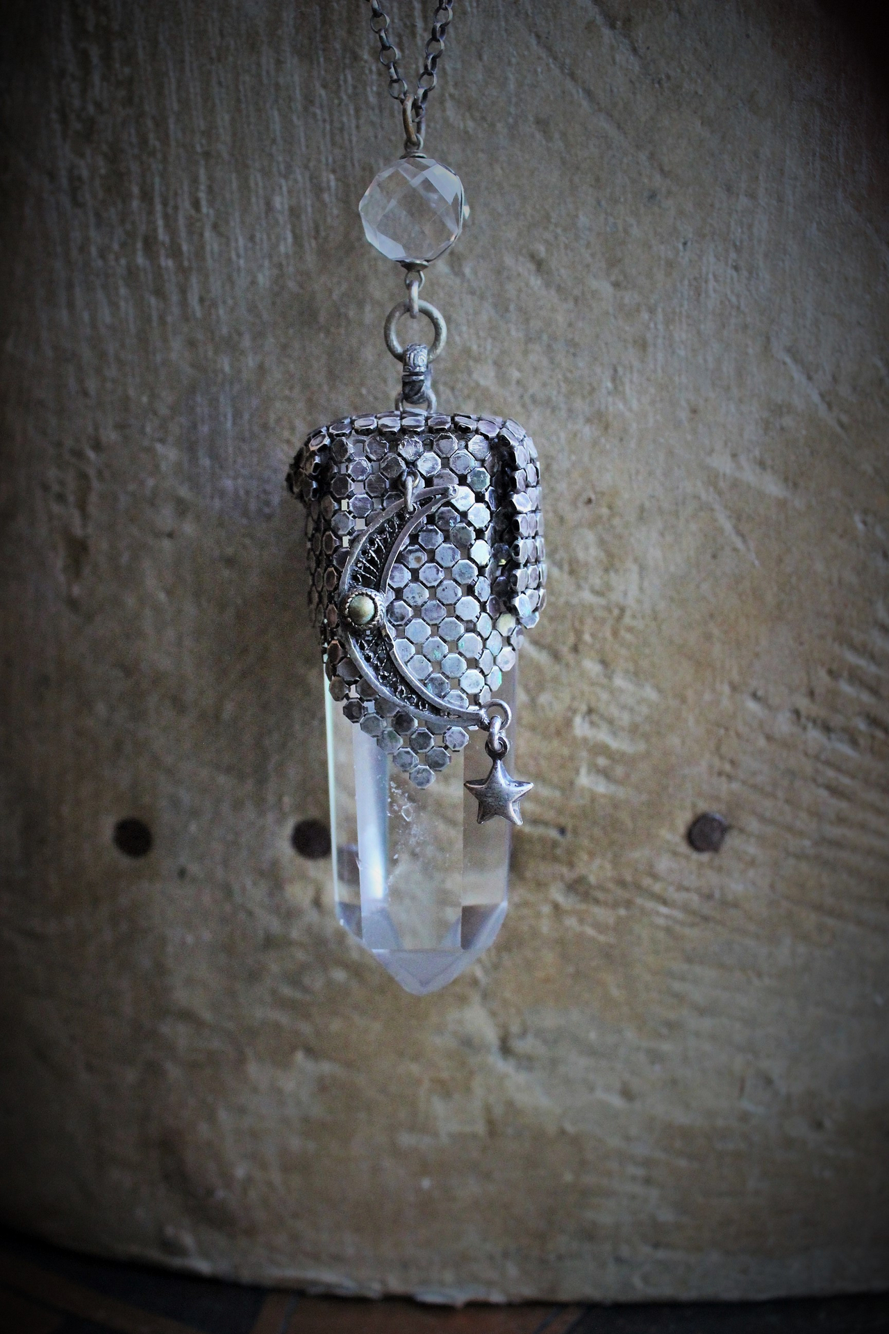 I am all Love Necklace Water Clear Quartz Crystal Point,Antique Sterling Mesh,Antique Sterling Crescent Moon, Rare Faceted Rock Crystal Connector & Antique Sterling Puffy Star