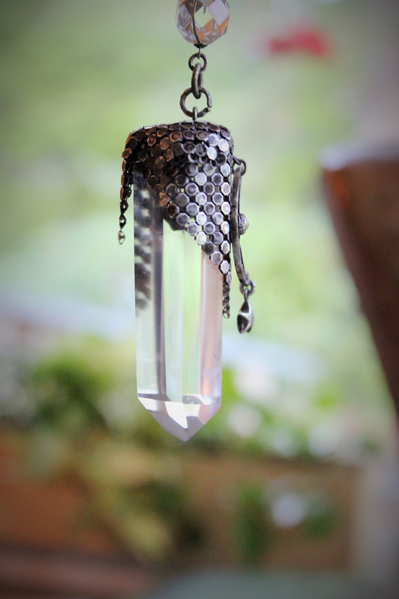 I am all Love Necklace Water Clear Quartz Crystal Point,Antique Sterling Mesh,Antique Sterling Crescent Moon, Rare Faceted Rock Crystal Connector & Antique Sterling Puffy Star