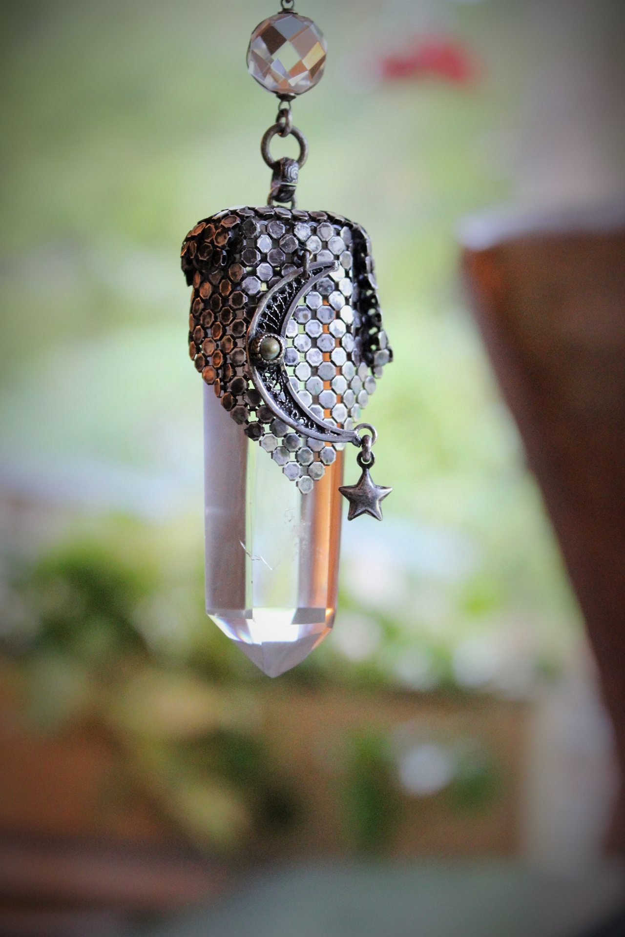 I am all Love Necklace Water Clear Quartz Crystal Point,Antique Sterling Mesh,Antique Sterling Crescent Moon, Rare Faceted Rock Crystal Connector & Antique Sterling Puffy Star