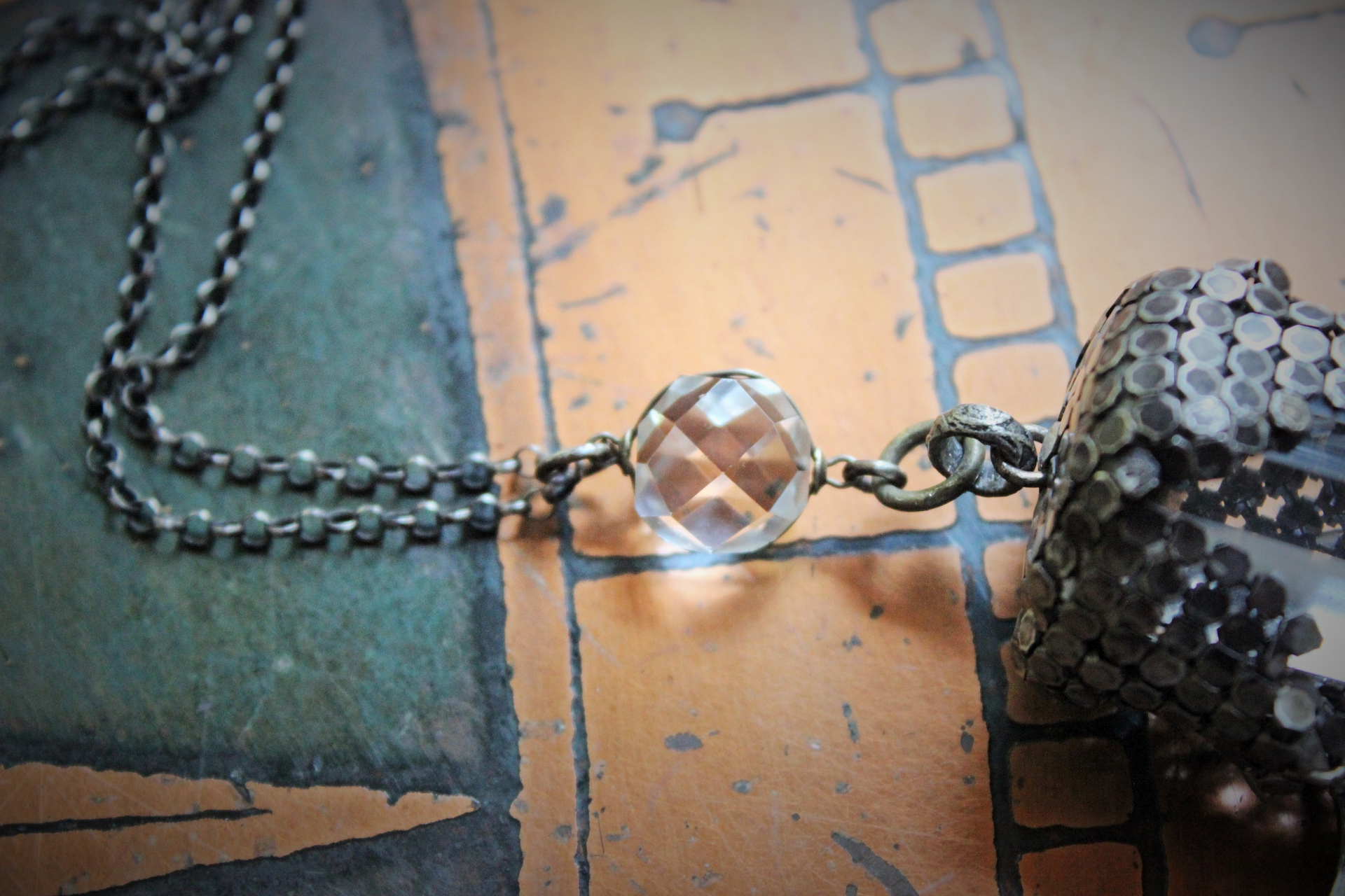 I am all Love Necklace Water Clear Quartz Crystal Point,Antique Sterling Mesh,Antique Sterling Crescent Moon, Rare Faceted Rock Crystal Connector & Antique Sterling Puffy Star
