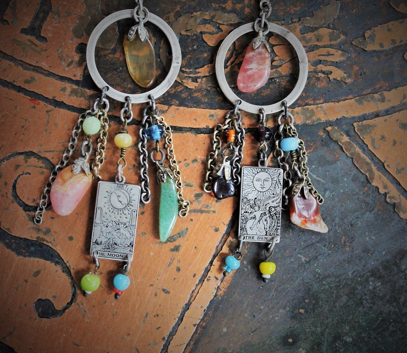 The Sun & The Moon Gypsy Earrings w/Tiny Sterling Engraved Tarot Medals,Antique Glass Mardi Gras Beads,Vintage Sterling & Gold Chain Fragments,Polished Capped Agate Drops