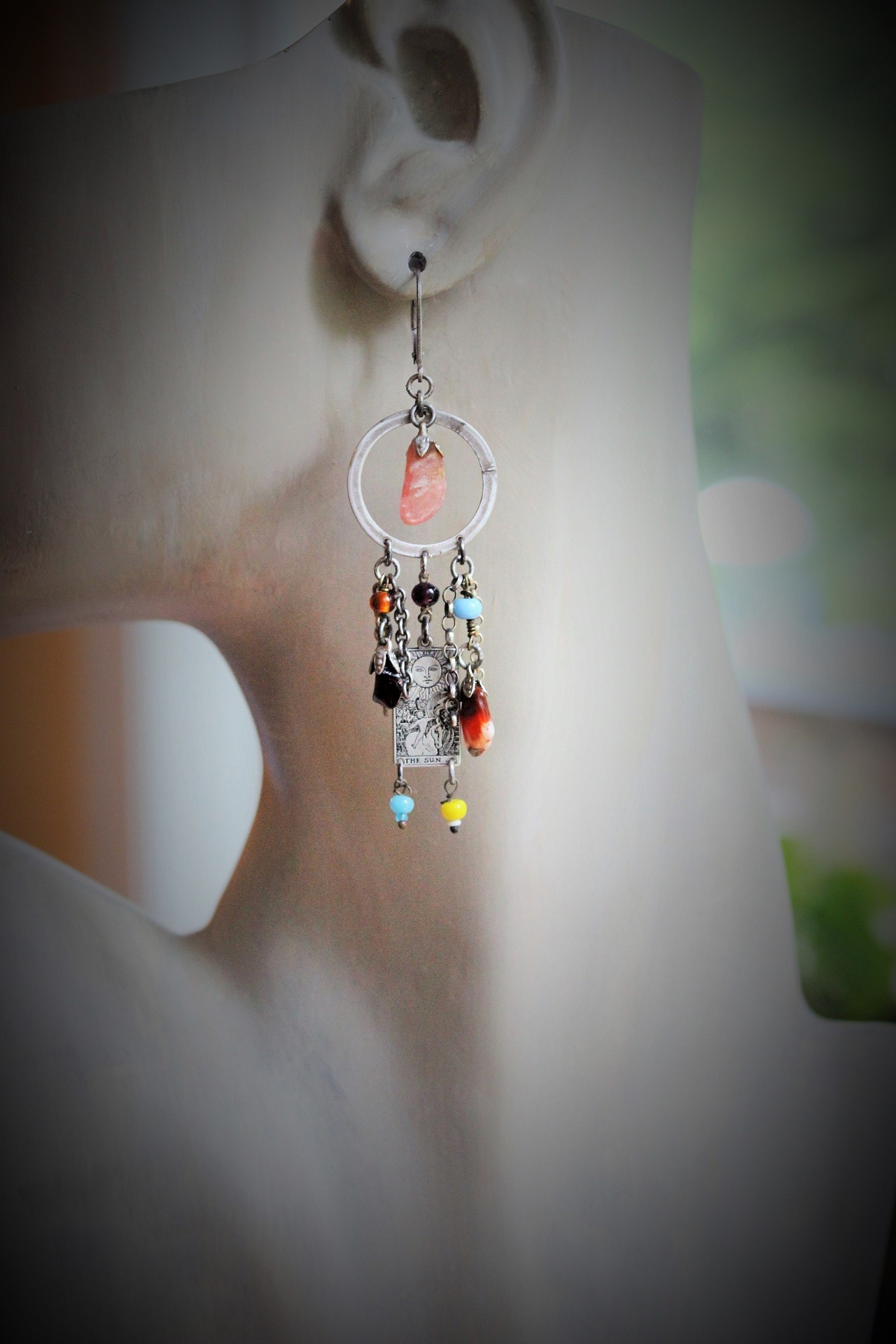 The Sun & The Moon Gypsy Earrings w/Tiny Sterling Engraved Tarot Medals,Antique Glass Mardi Gras Beads,Vintage Sterling & Gold Chain Fragments,Polished Capped Agate Drops