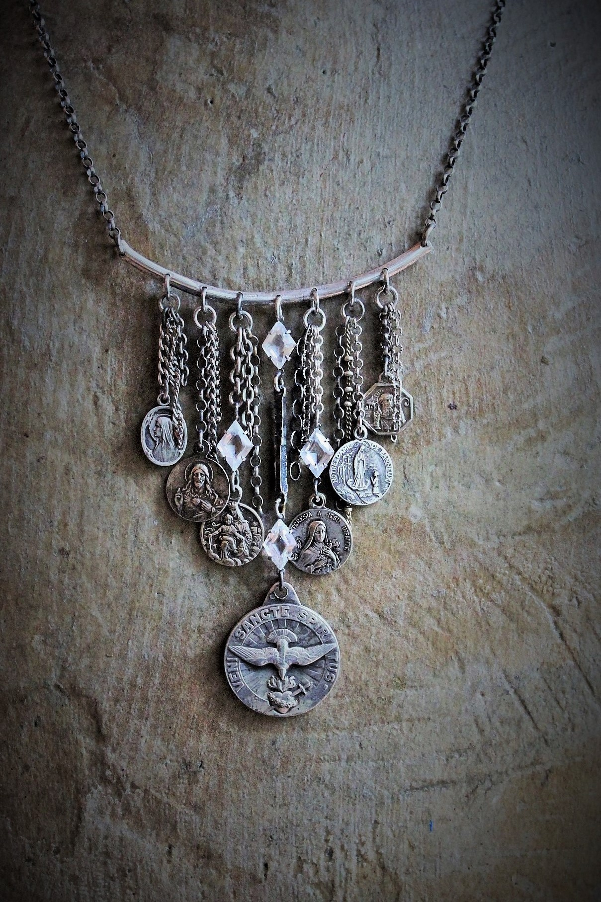 Come Holy Spirit Necklace w/RARE Antique Sterling French Vene Sancte Spiritus Medal,Antique Faceted Rock Crystal Connectors,6 Antique French Medals,Vintage & Antique Chain Fragments