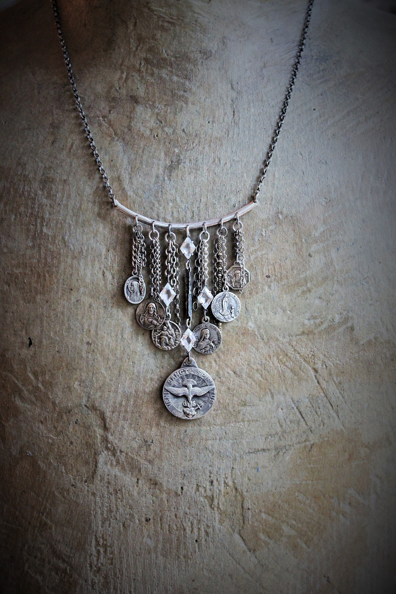 Come Holy Spirit Necklace w/RARE Antique Sterling French Vene Sancte Spiritus Medal,Antique Faceted Rock Crystal Connectors,6 Antique French Medals,Vintage & Antique Chain Fragments