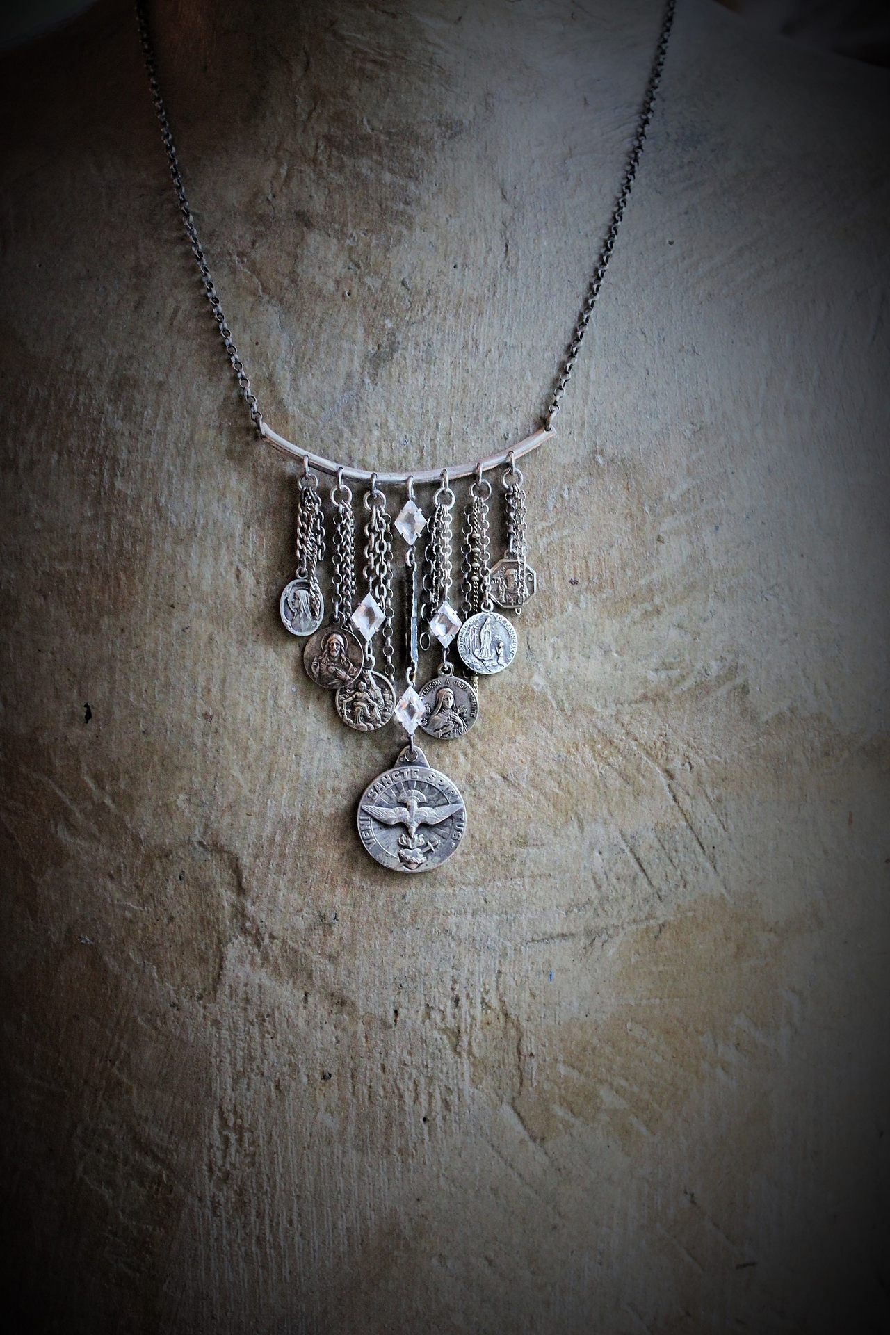 Come Holy Spirit Necklace w/RARE Antique Sterling French Vene Sancte Spiritus Medal,Antique Faceted Rock Crystal Connectors,6 Antique French Medals,Vintage & Antique Chain Fragments