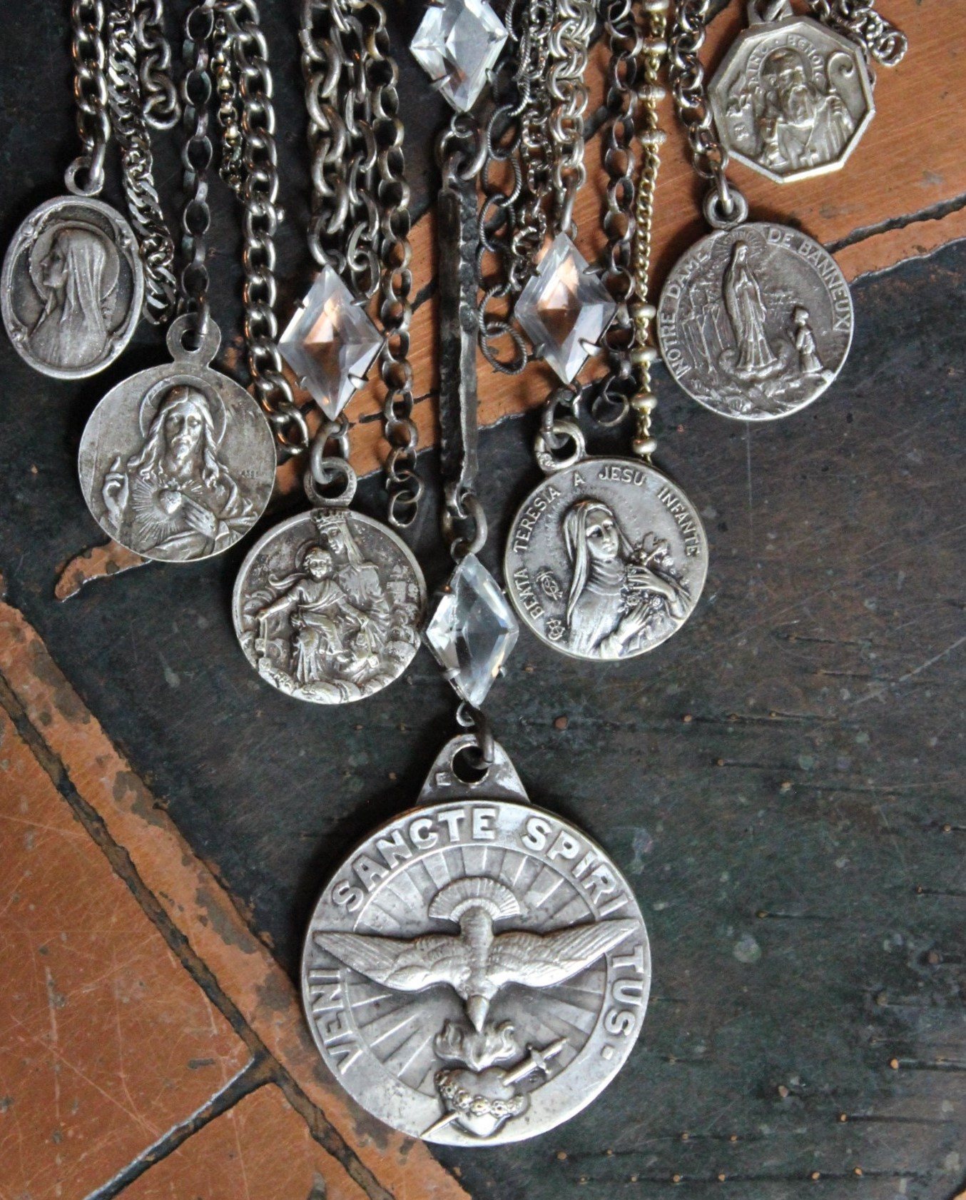 Come Holy Spirit Necklace w/RARE Antique Sterling French Vene Sancte Spiritus Medal,Antique Faceted Rock Crystal Connectors,6 Antique French Medals,Vintage & Antique Chain Fragments