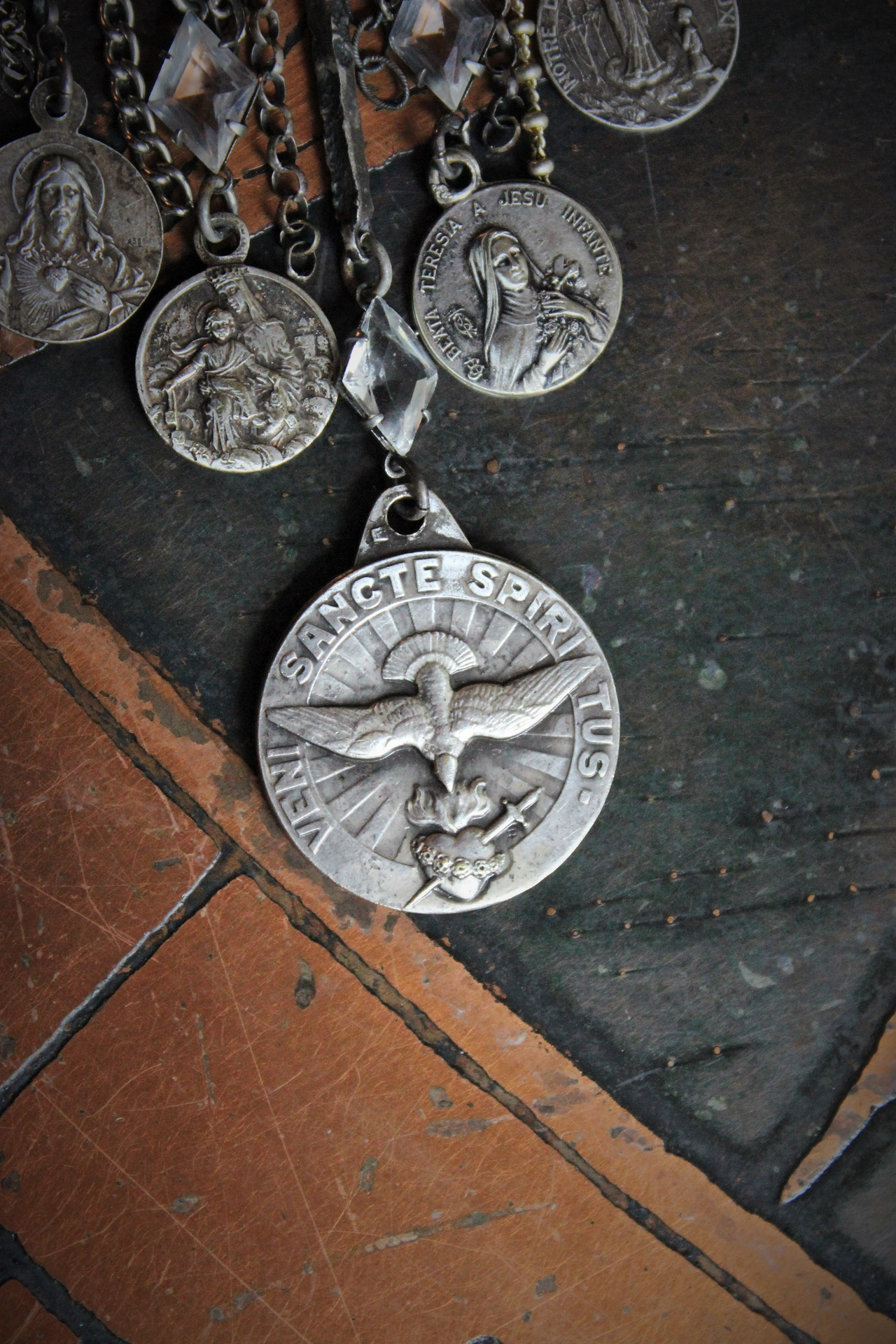 Come Holy Spirit Necklace w/RARE Antique Sterling French Vene Sancte Spiritus Medal,Antique Faceted Rock Crystal Connectors,6 Antique French Medals,Vintage & Antique Chain Fragments