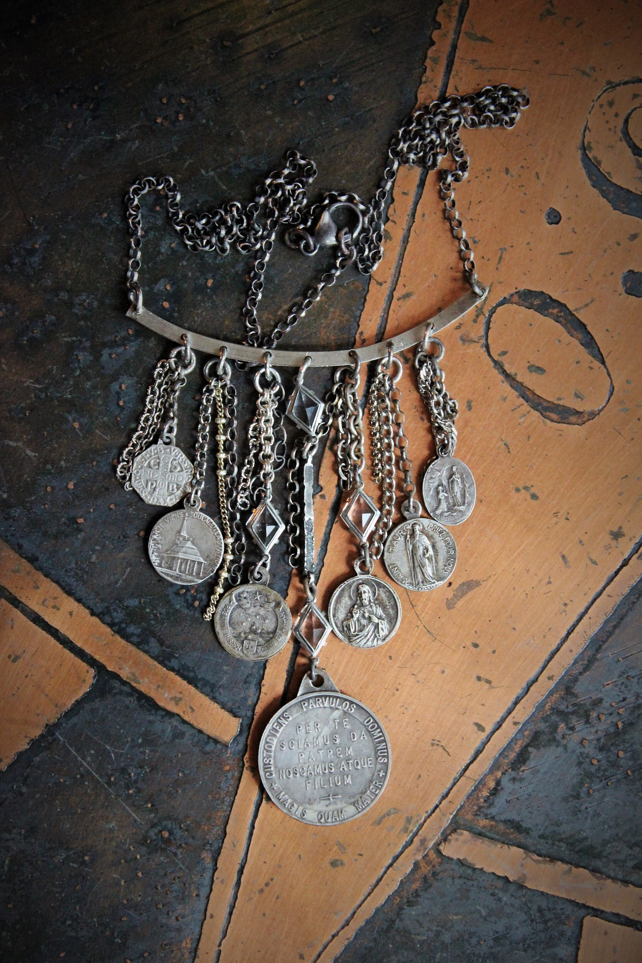 Come Holy Spirit Necklace w/RARE Antique Sterling French Vene Sancte Spiritus Medal,Antique Faceted Rock Crystal Connectors,6 Antique French Medals,Vintage & Antique Chain Fragments