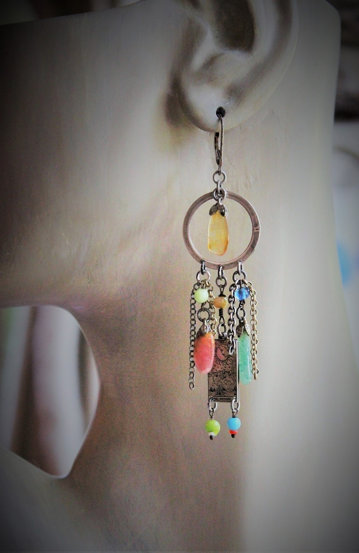 The Sun & The Moon Gypsy Earrings w/Tiny Sterling Engraved Tarot Medals,Antique Glass Mardi Gras Beads,Vintage Sterling & Gold Chain Fragments,Polished Capped Agate Drops