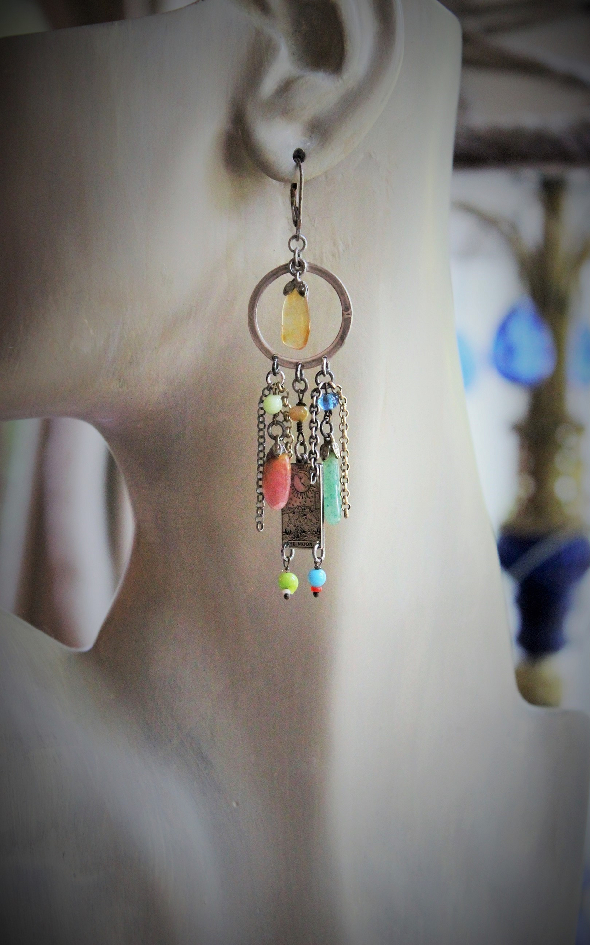 The Sun & The Moon Gypsy Earrings w/Tiny Sterling Engraved Tarot Medals,Antique Glass Mardi Gras Beads,Vintage Sterling & Gold Chain Fragments,Polished Capped Agate Drops